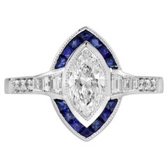 0.71 Ct. Bague de fiançailles de style Art déco en or 18 carats avec diamant marquis et saphir