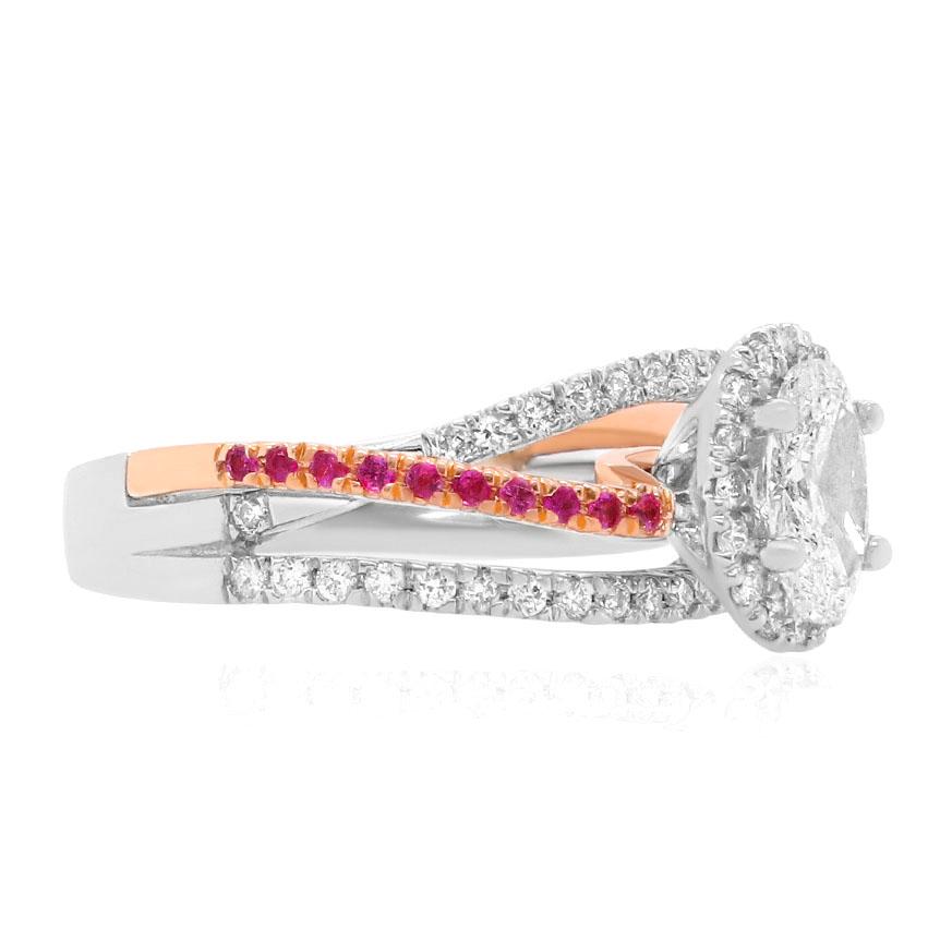 Metal: 14K Two Tone
Center Stone: 1 Oval Shaped Diamond at 0.71 Carats- Clarity: SI1 / Color G
Side Stones: 17 Round Pink Sapphires at 0.13 Carats
Diamond Details: 55 Brilliant Round White Diamonds at 0.39 Carats- Clarity: SI / Color H-I
Ring size: