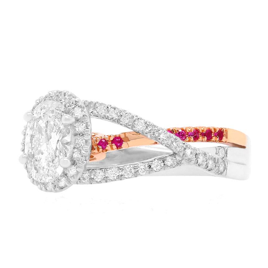 0,71 Karat ovaler weißer Diamant und rosa Saphir, gedrechselter Ring aus 14 Karat Gold (Zeitgenössisch)