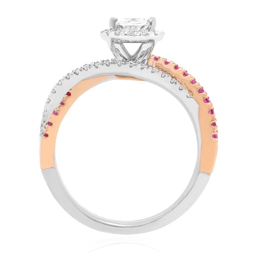 Contemporary 0.71 Carat Oval White Diamond \ Pink Sapphire Twist Engagement Ring in 14K Gold