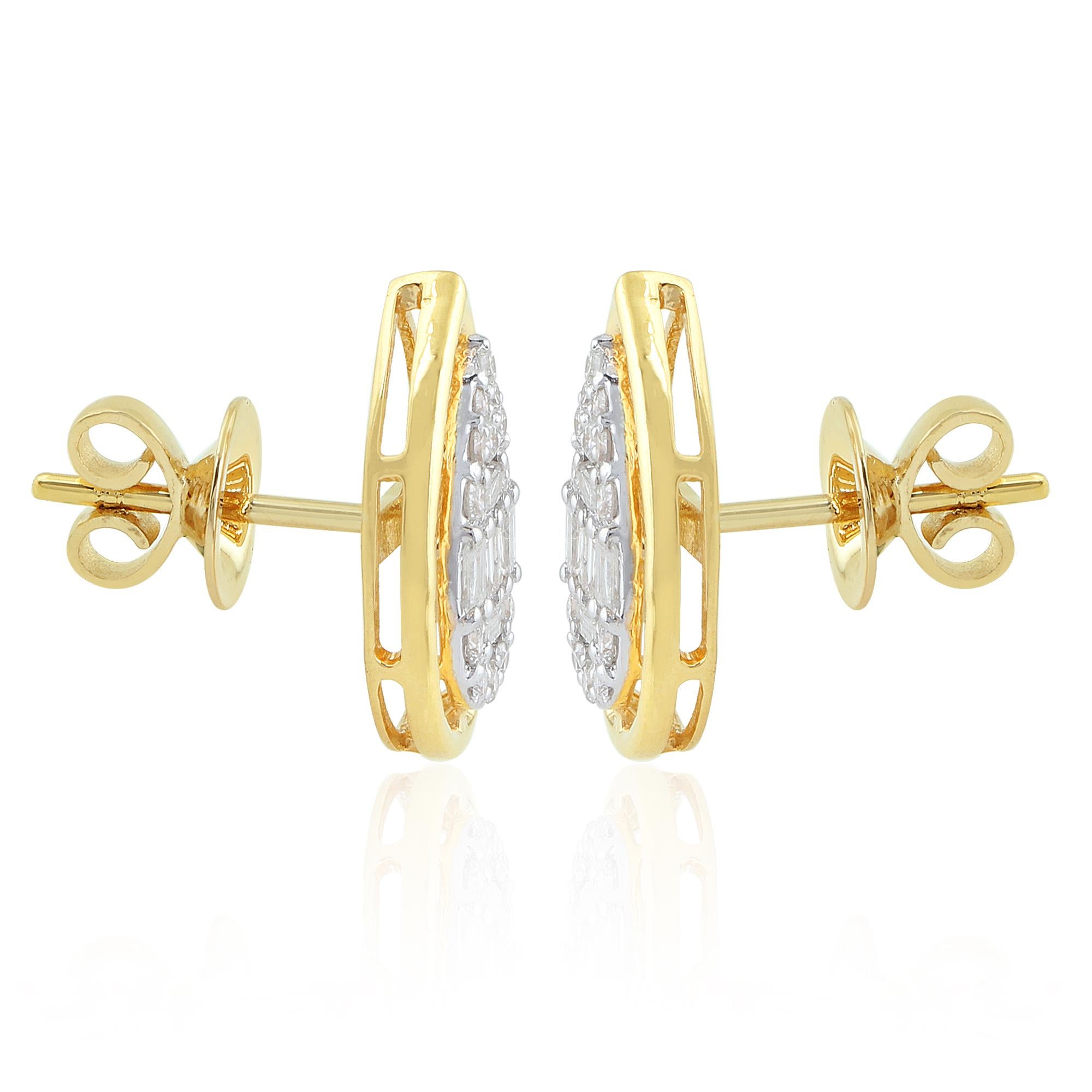 Modern 0.71 Ct SI/HI Baguette Round Diamond Pear Earrings 18 Karat Yellow Gold Jewelry For Sale