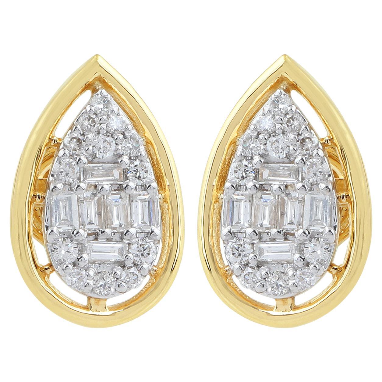 0.71 Ct SI/HI Baguette Round Diamond Pear Earrings 18 Karat Yellow Gold Jewelry For Sale