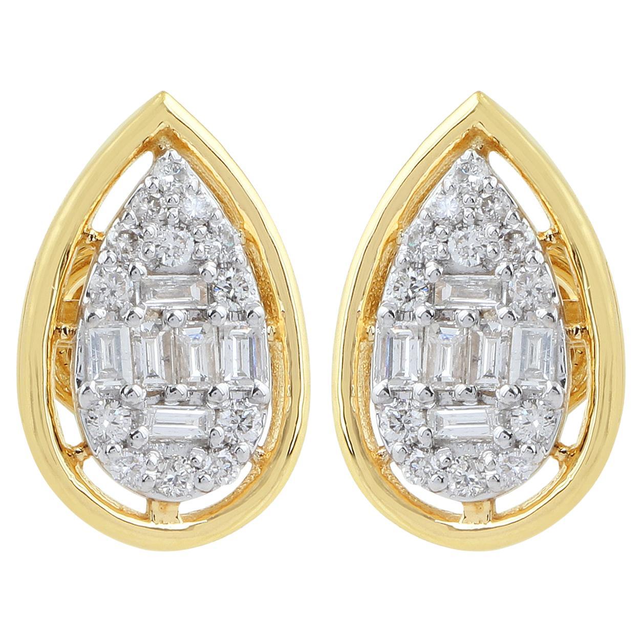 0.71 Ct SI/HI Baguette Round Diamond Pear Earrings 18 Karat Yellow Gold Jewelry For Sale