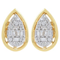 0.71 Ct SI/HI Baguette Round Diamond Pear Earrings 18 Karat Yellow Gold Jewelry
