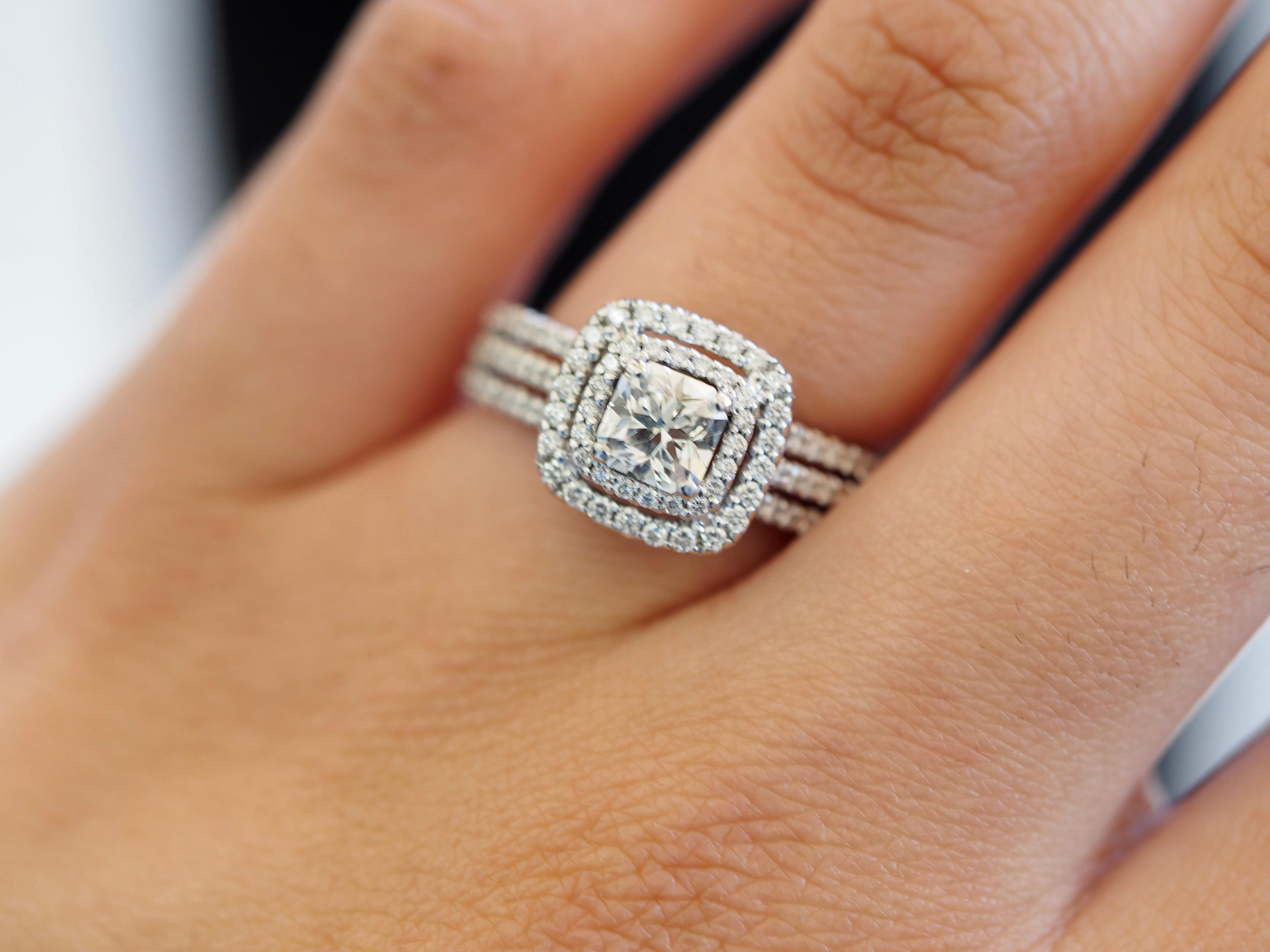 0.71ct Double Halo Cushion Frame Engagement Ring in 14 Karat White Gold In New Condition For Sale In Addison, TX