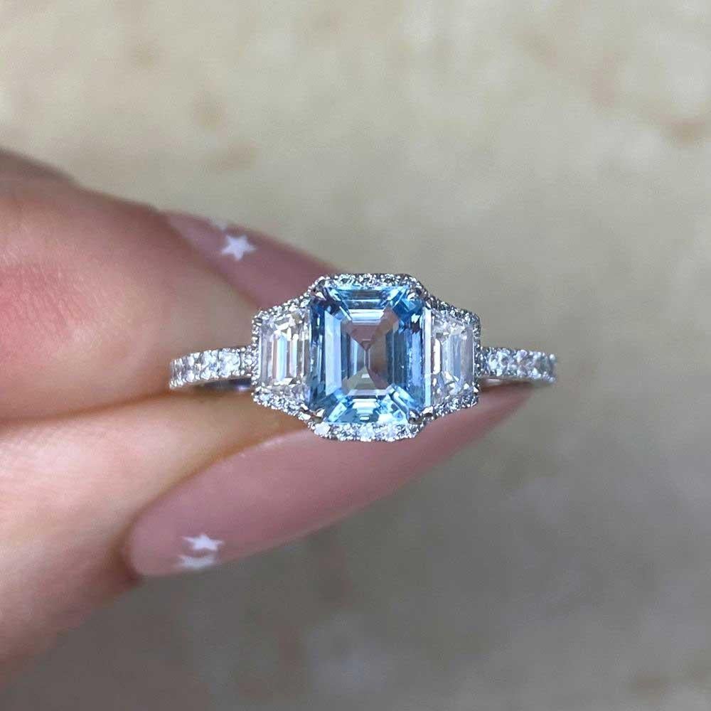 0.71ct Emerald Cut Aquamarine Engagement Ring, Platinum For Sale 5