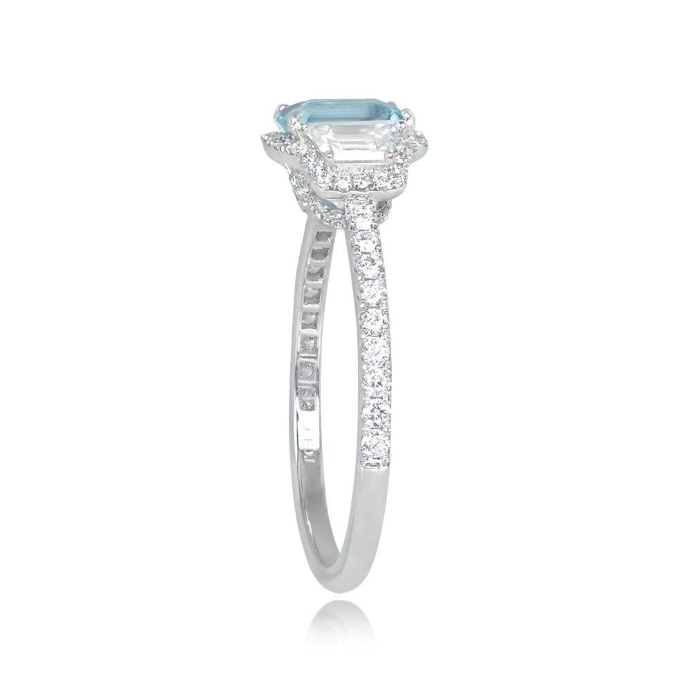 Art Deco 0.71ct Emerald Cut Aquamarine Engagement Ring, Platinum For Sale