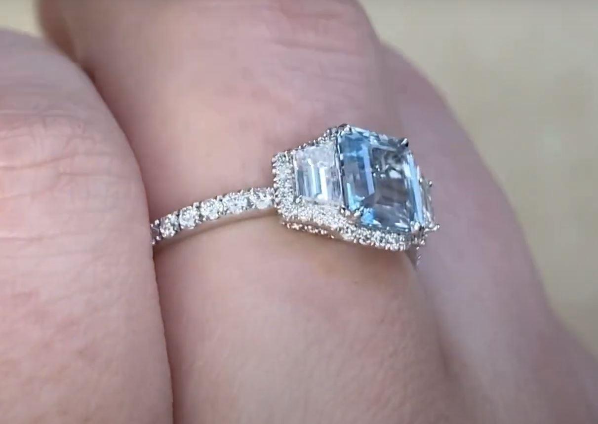0.71ct Emerald Cut Aquamarine Engagement Ring, Platinum For Sale 1