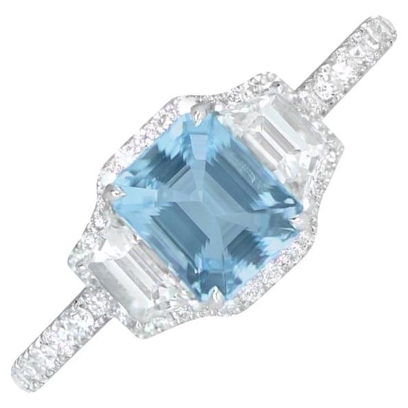 0.71ct Emerald Cut Aquamarine Engagement Ring, Platinum For Sale