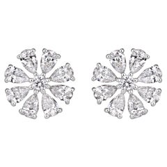 0.71ct Pear Shaped and Round Brilliant Cut Diamond Floral Stud Earrings in 18K