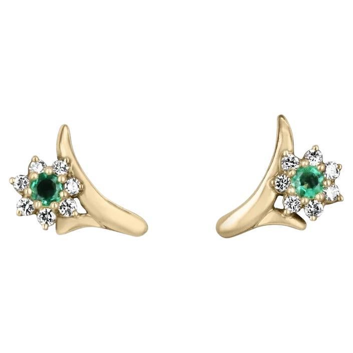 0.71tcw 18K Natural Round Colombian Emerald & Diamond Floral Stud Earrings