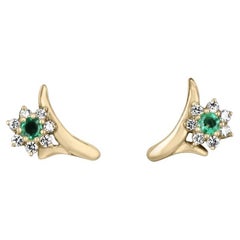 0.71tcw 18K Natural Round Colombian Emerald & Diamond Floral Stud Earrings