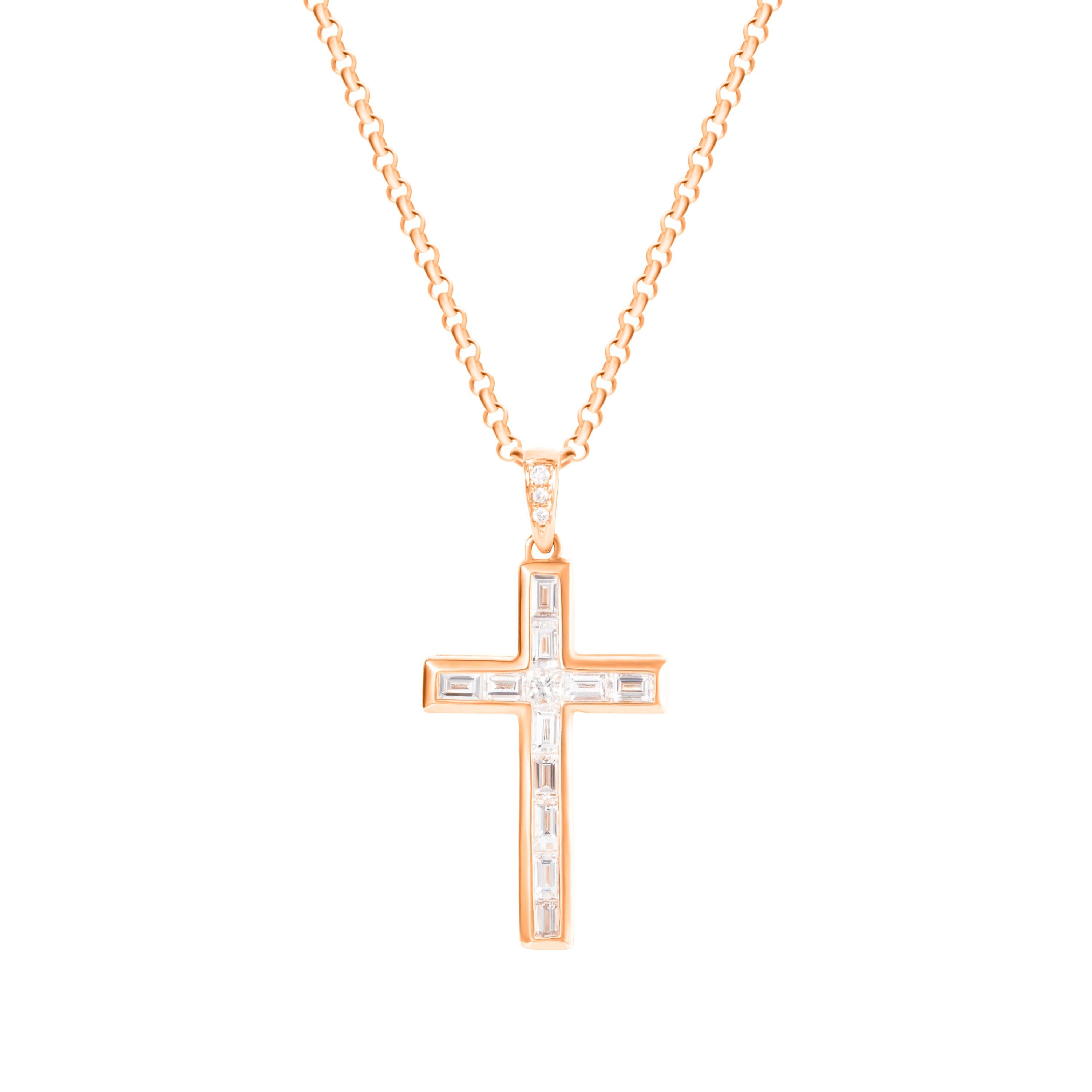 18-karat rose gold necklace features a cross pendant accented by 0.72 carats of baguette cut, princess cut and round brilliant cut diamonds.  Pendant height 2cm, pendant width 1.5cm.  Chain length 16 inches.  

Composition:
18K Rose Gold
11 Baguette