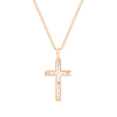 0.72 Carat Baguette Diamond 18 Karat Rose Gold Cross Pendant Necklace