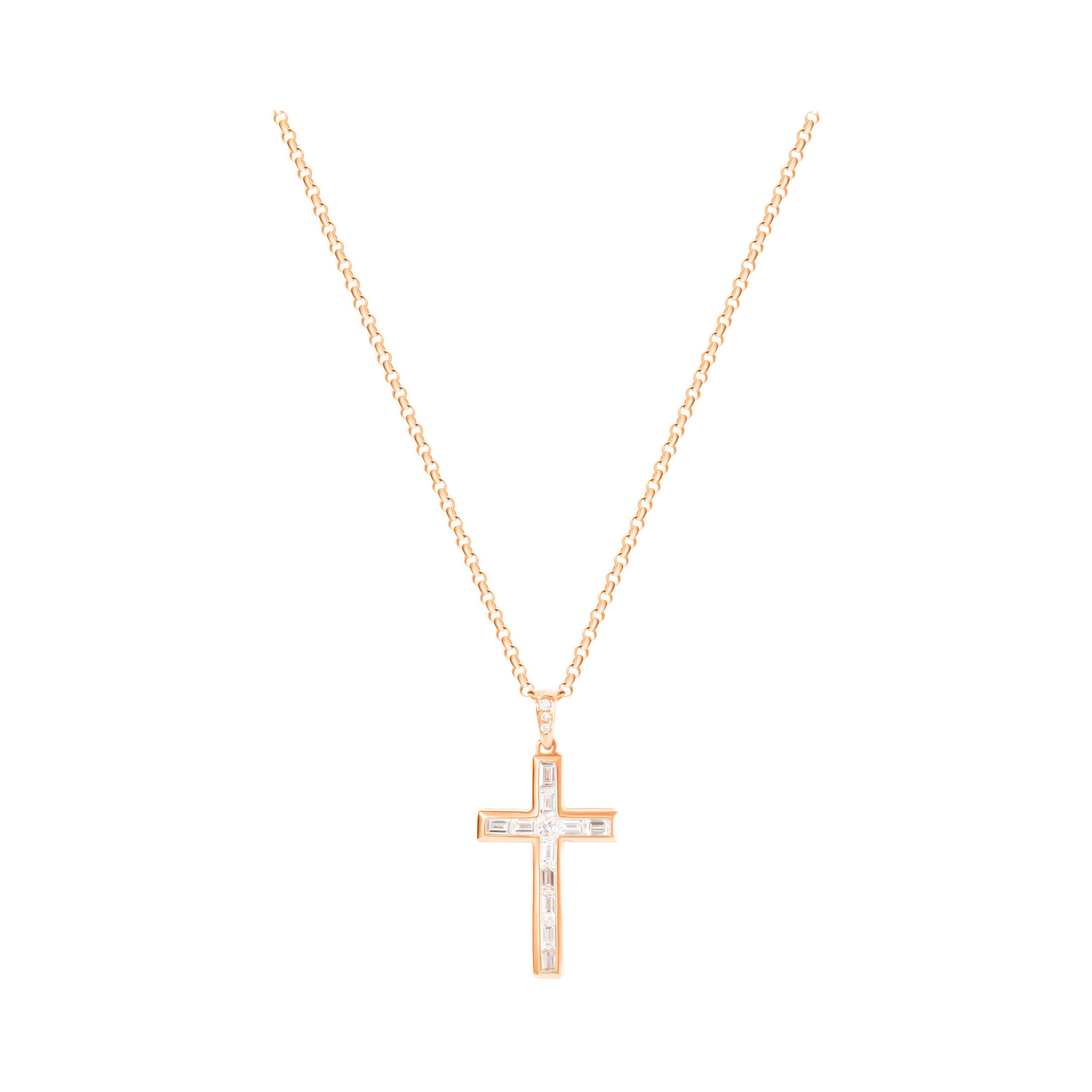 0.72 Carat Baguette Diamond 18 Karat Rose Gold Cross Pendant Necklace