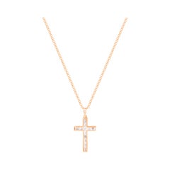 Collier pendentif croix en or rose 18 carats avec diamants baguettes de 0,72 carat