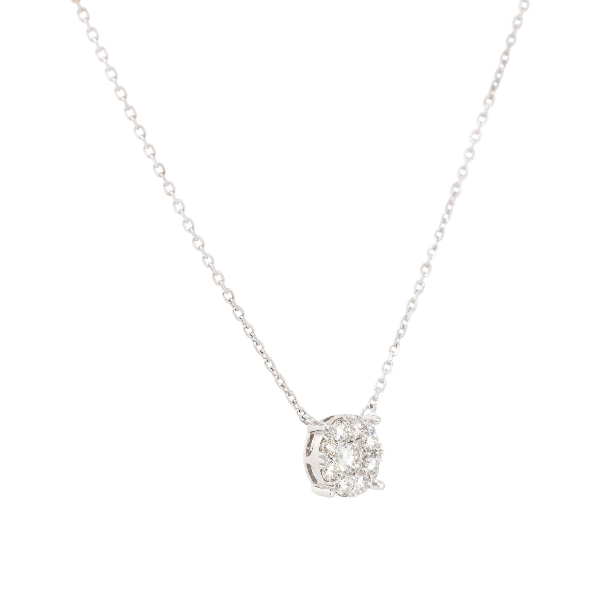 18k White Gold 0.72ctw Diamond Cluster Necklace

Material: 18k White Gold
Diamond Details: Approximately 0.72ctw of Round Cut Diamonds
Total Weight: 4.3g (2.8dwt)
Additional Details: This item comes with a presentation box!
SKU: G12912
