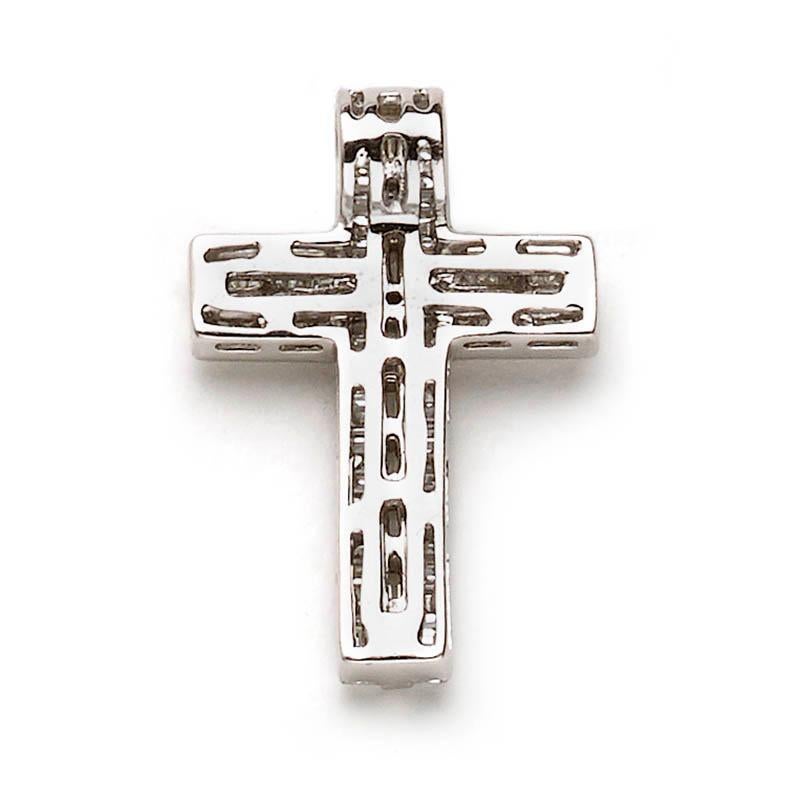 A diamond cross pendant, set with a central round brilliant-cut diamond, surrounded by baguette-cut diamonds, weighing a total of 0.72ct, mounted in 18ct white gold. 
The cross measures approximately 16 x 24mm.