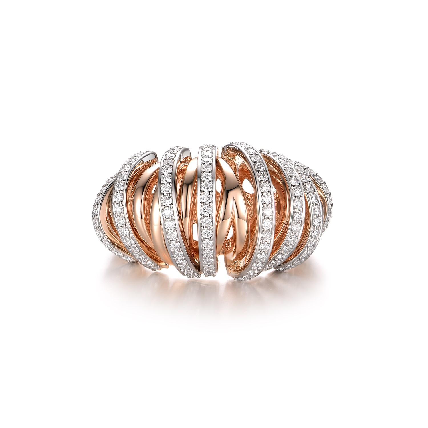 This striking ring is a masterpiece of design, meticulously crafted from the alluring tones of 18K rose gold. It features an intricate pattern of bands that elegantly twist and fold around the finger in a display of expert craftsmanship. Set within