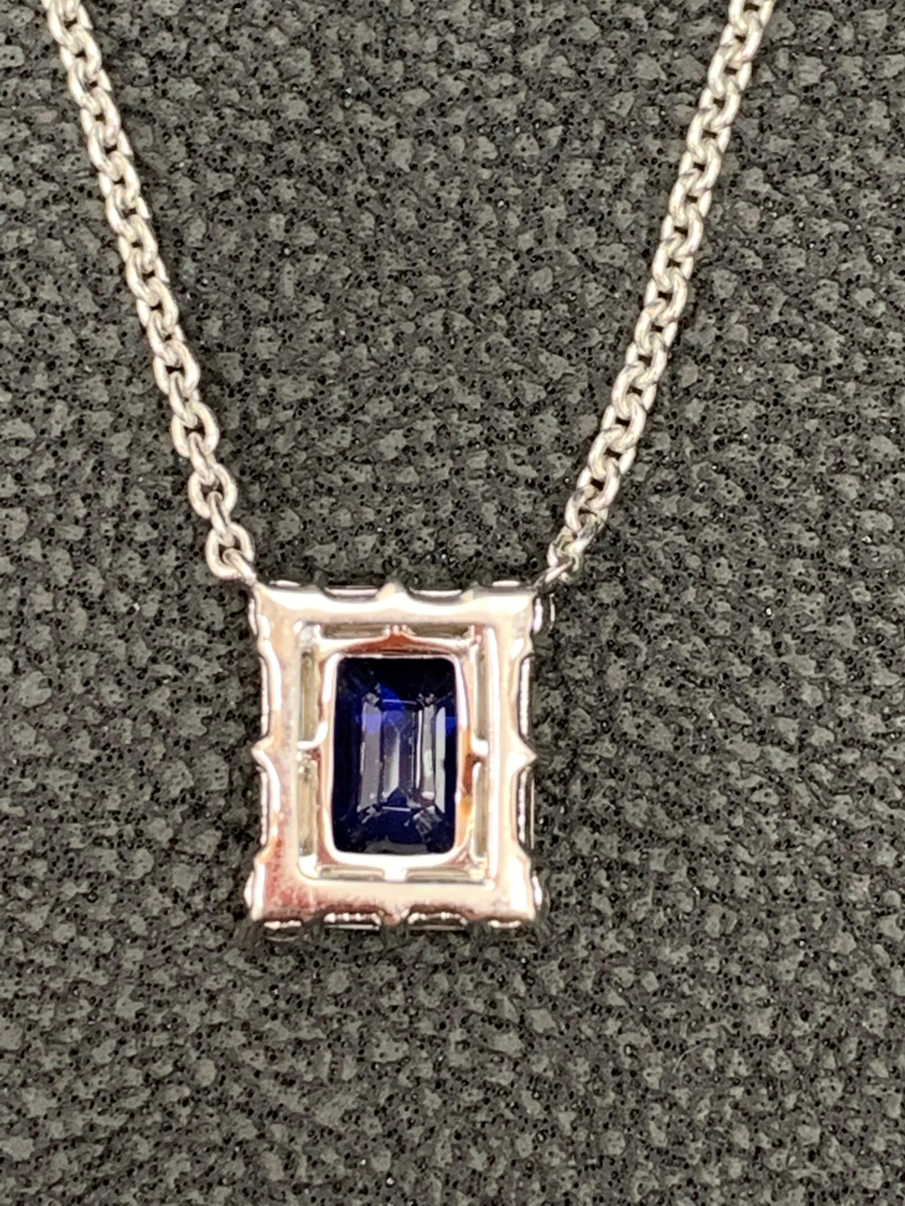 0.72 Carat Emerald Cut Blue Sapphire Diamond Pendant Necklace in 18K White Gold For Sale 5