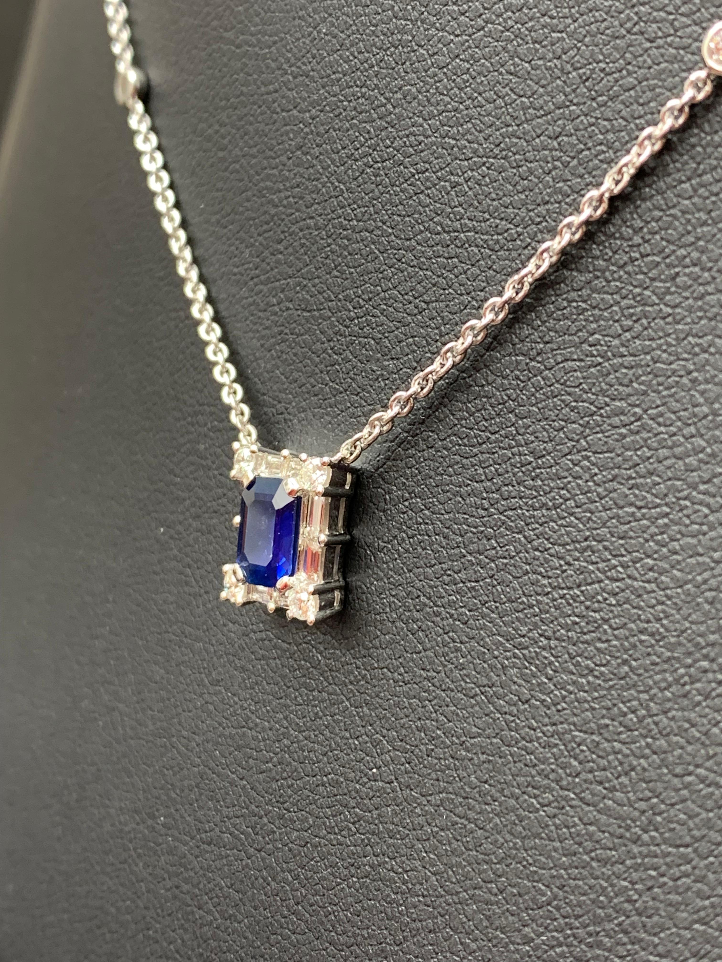 Modern 0.72 Carat Emerald Cut Blue Sapphire Diamond Pendant Necklace in 18K White Gold For Sale