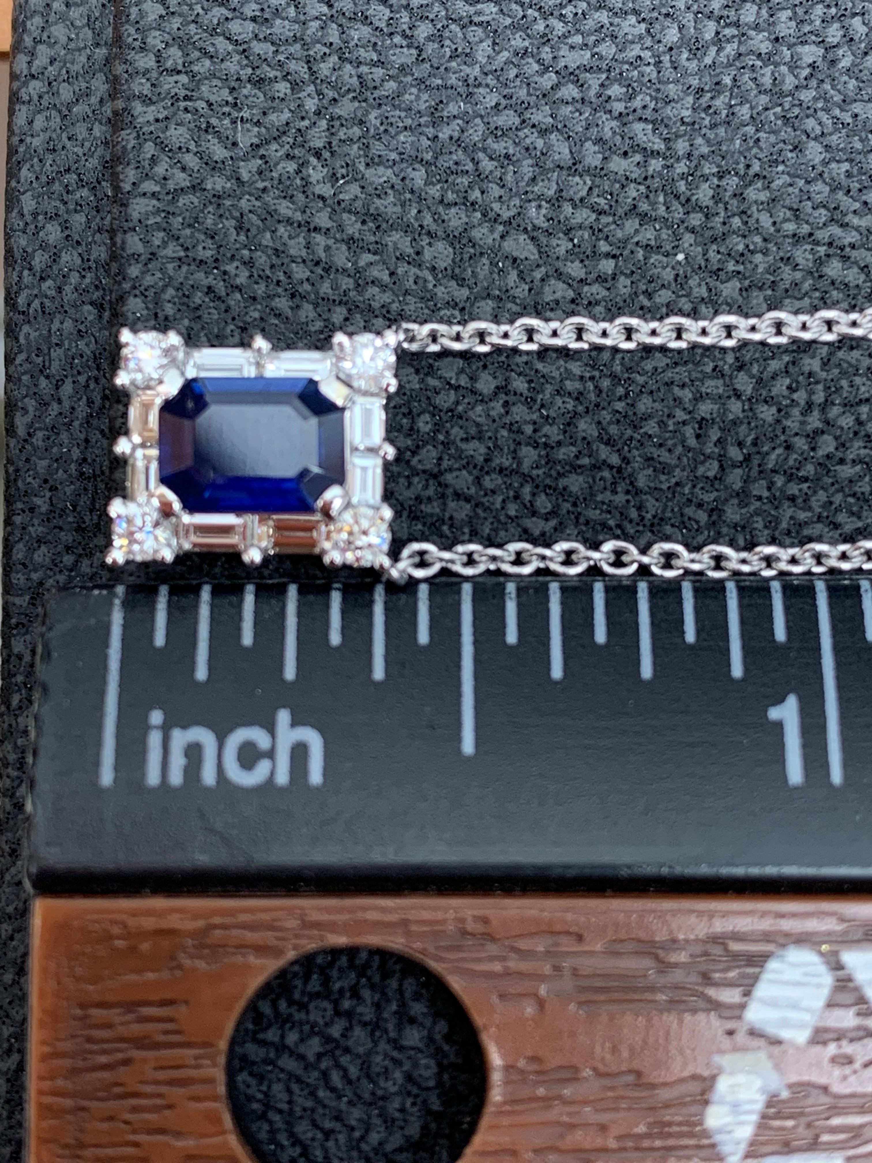Women's 0.72 Carat Emerald Cut Blue Sapphire Diamond Pendant Necklace in 18K White Gold For Sale