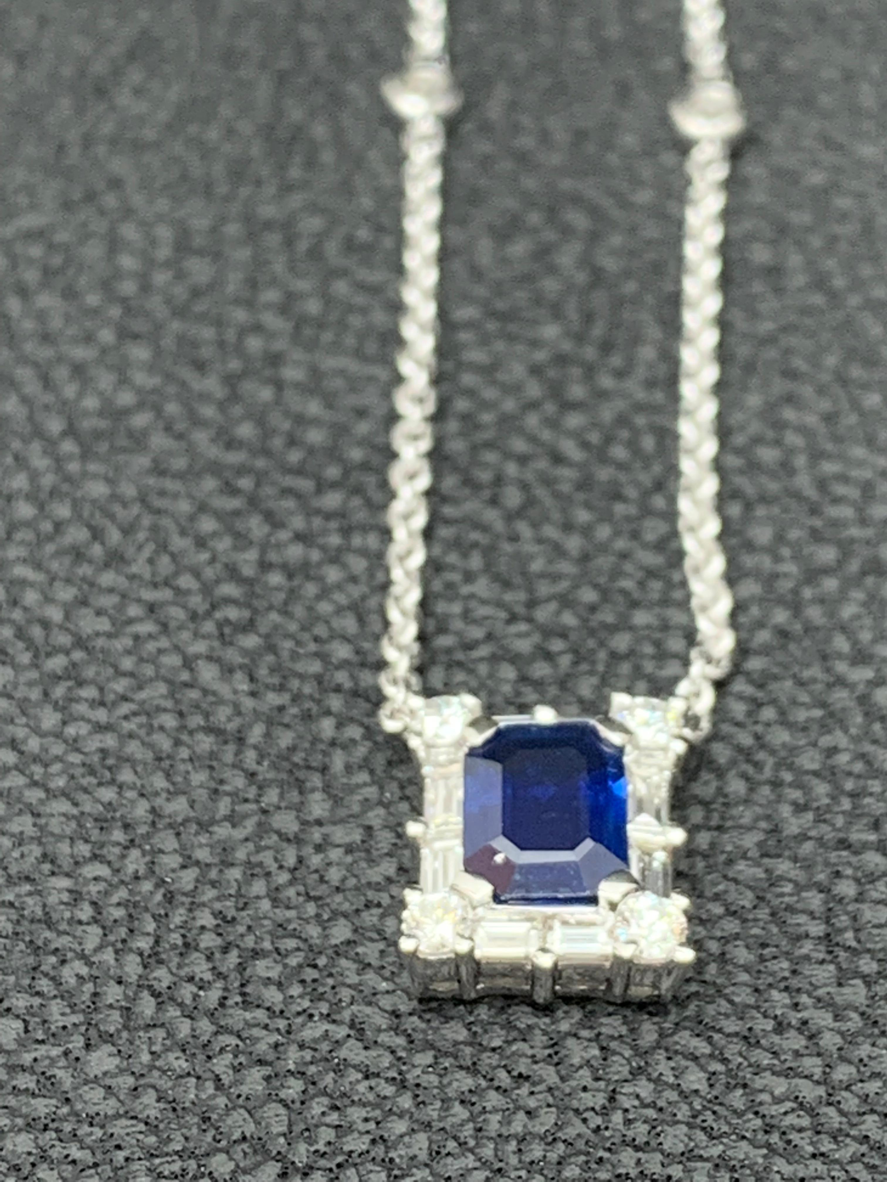 0.72 Carat Emerald Cut Blue Sapphire Diamond Pendant Necklace in 18K White Gold For Sale 2