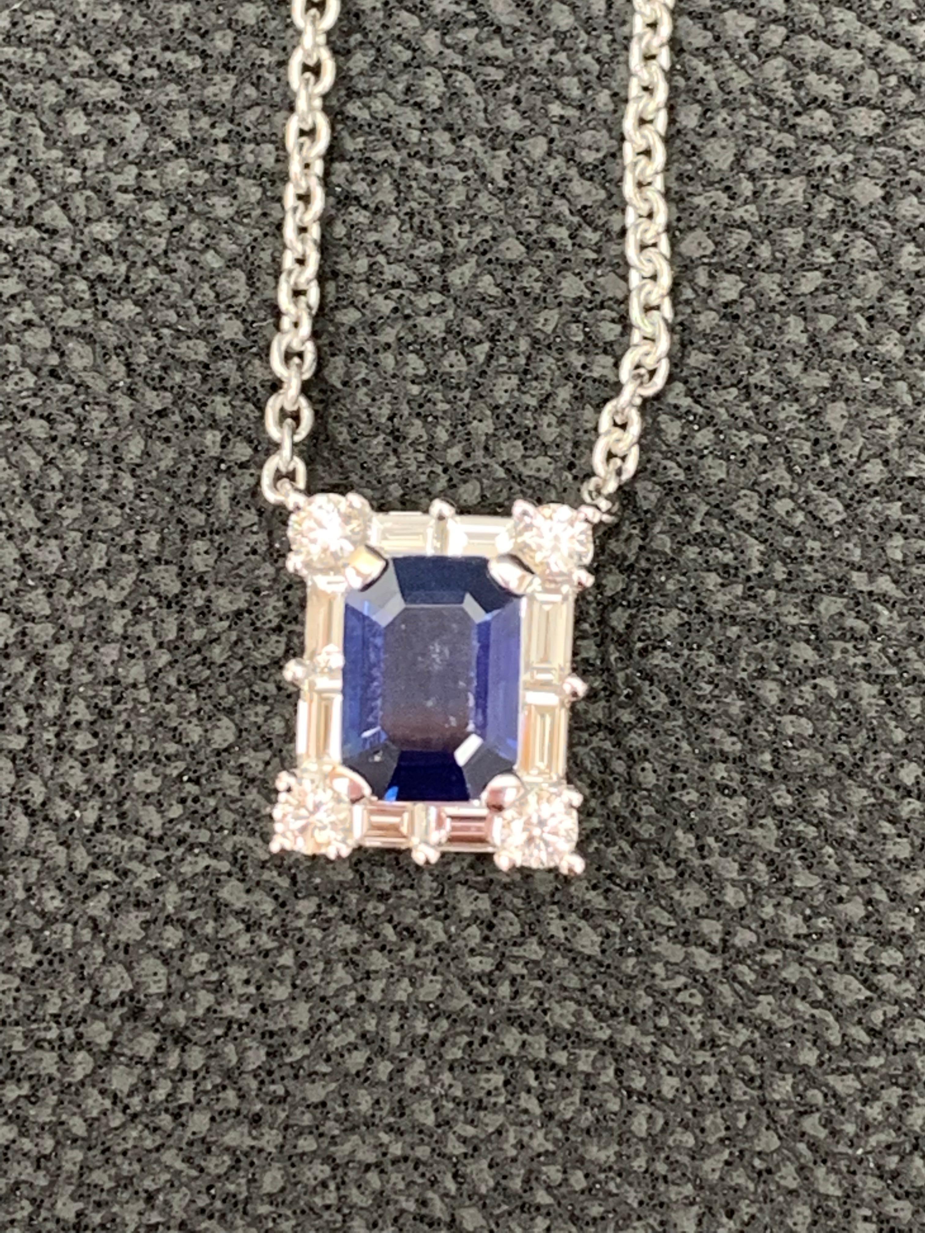 0.72 Carat Emerald Cut Blue Sapphire Diamond Pendant Necklace in 18K White Gold For Sale 3