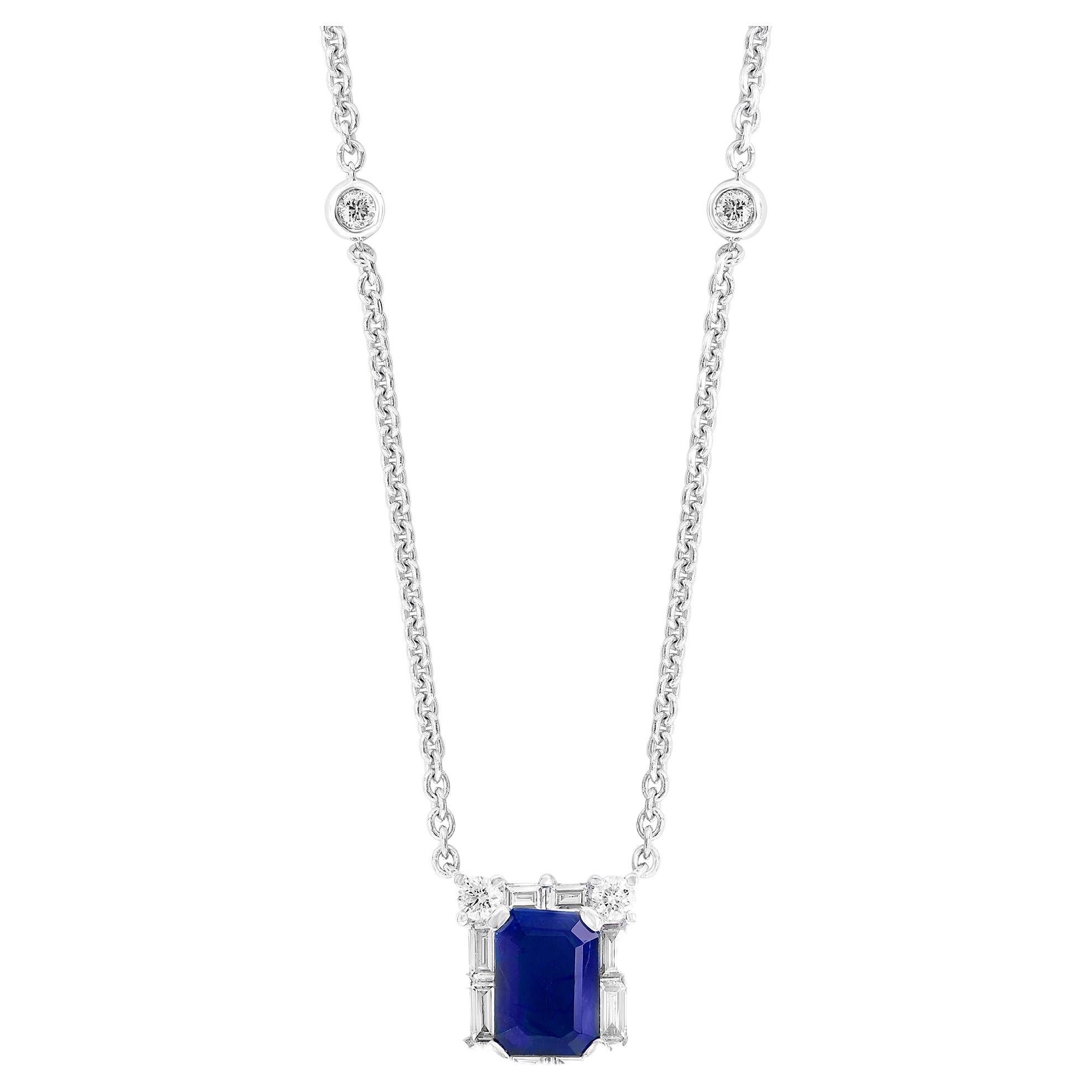 0.72 Carat Emerald Cut Blue Sapphire Diamond Pendant Necklace in 18K White Gold For Sale