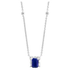 0.72 Carat Emerald Cut Blue Sapphire Diamond Pendant Necklace in 18K White Gold