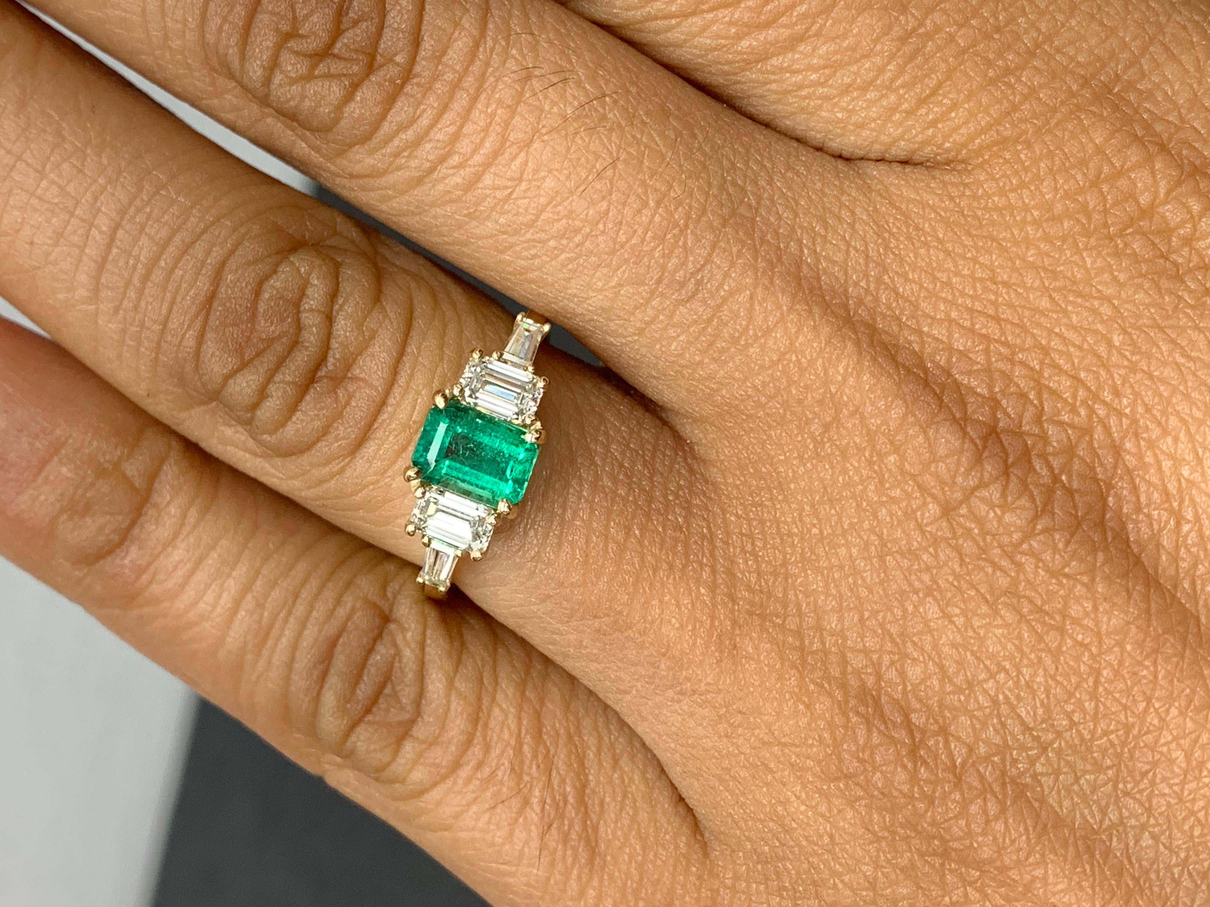 0.72 Carat Emerald Cut Emerald and Diamond 5 Stone Ring in 14K White Gold For Sale 4