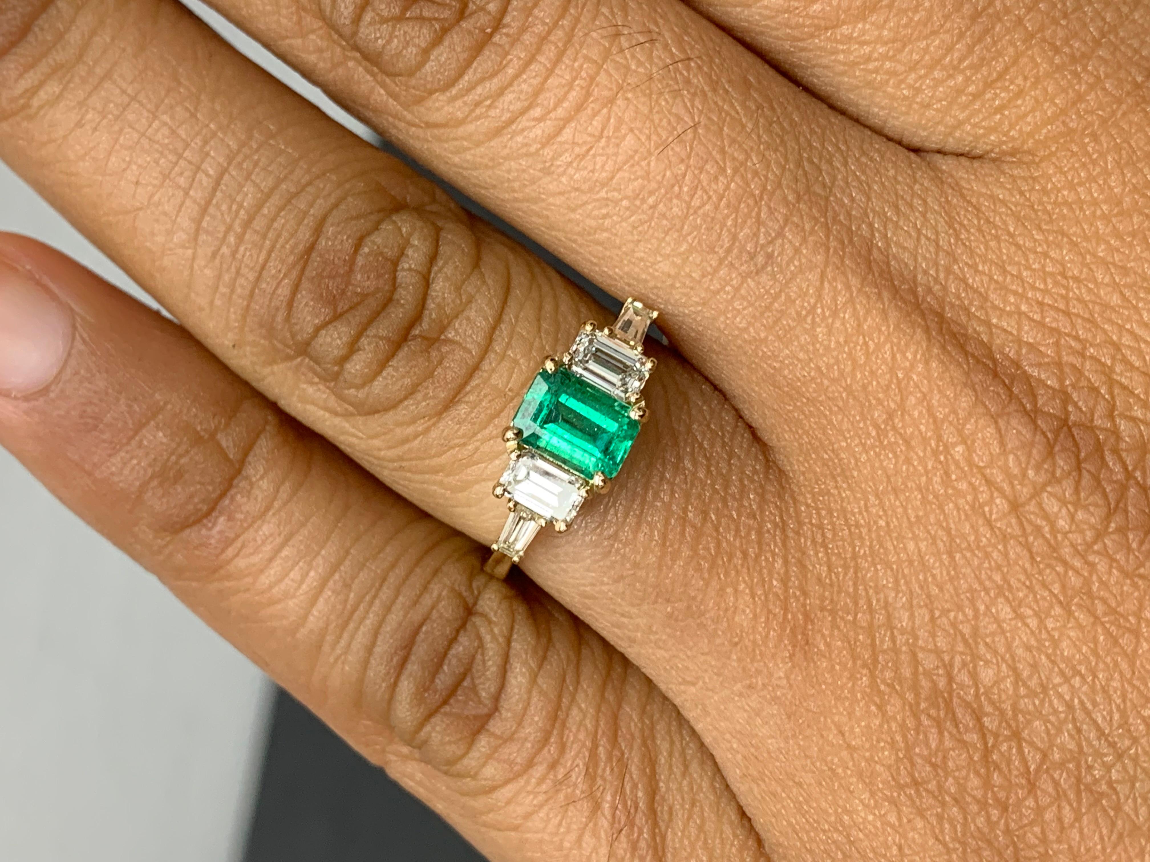 Women's 0.72 Carat Emerald Cut Emerald and Diamond 5 Stone Ring in 14K White Gold For Sale