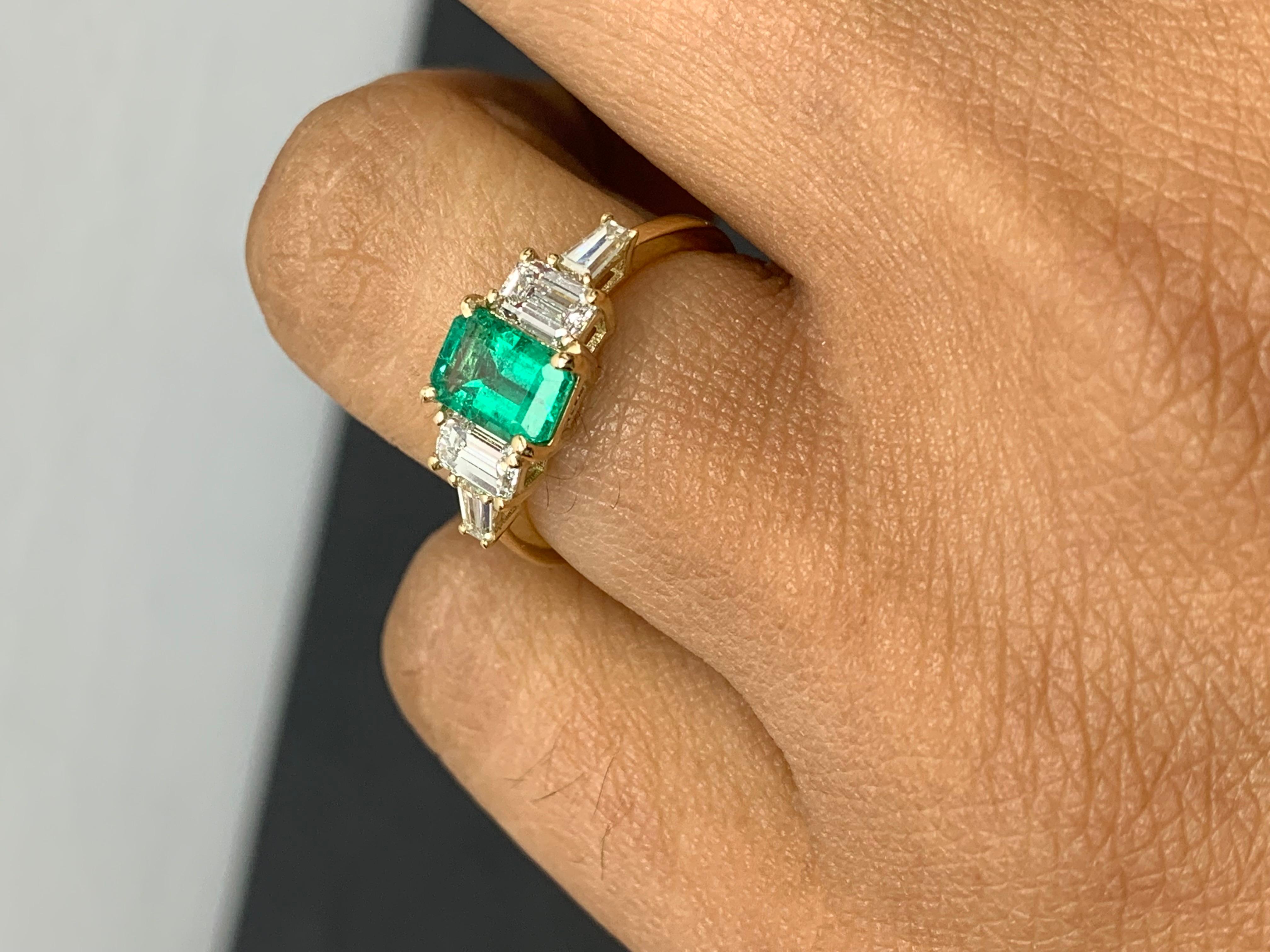 0.72 Carat Emerald Cut Emerald and Diamond 5 Stone Ring in 14K White Gold For Sale 1