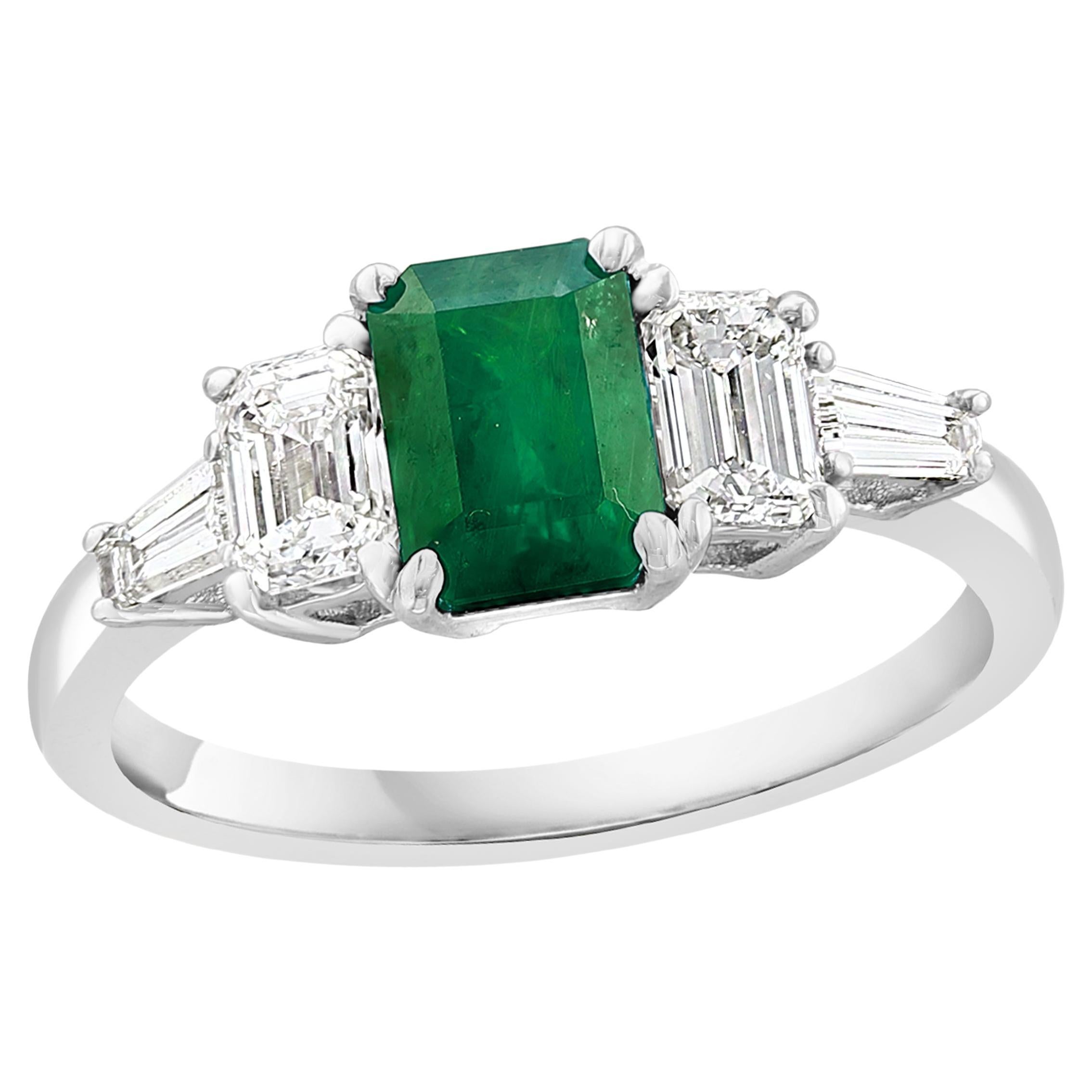 0.72 Carat Emerald Cut Emerald and Diamond 5 Stone Ring in 14K White Gold For Sale