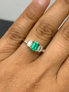 0.72 Carat Emerald Cut Emerald and Diamond 5 Stone Ring in 14K Yellow Gold