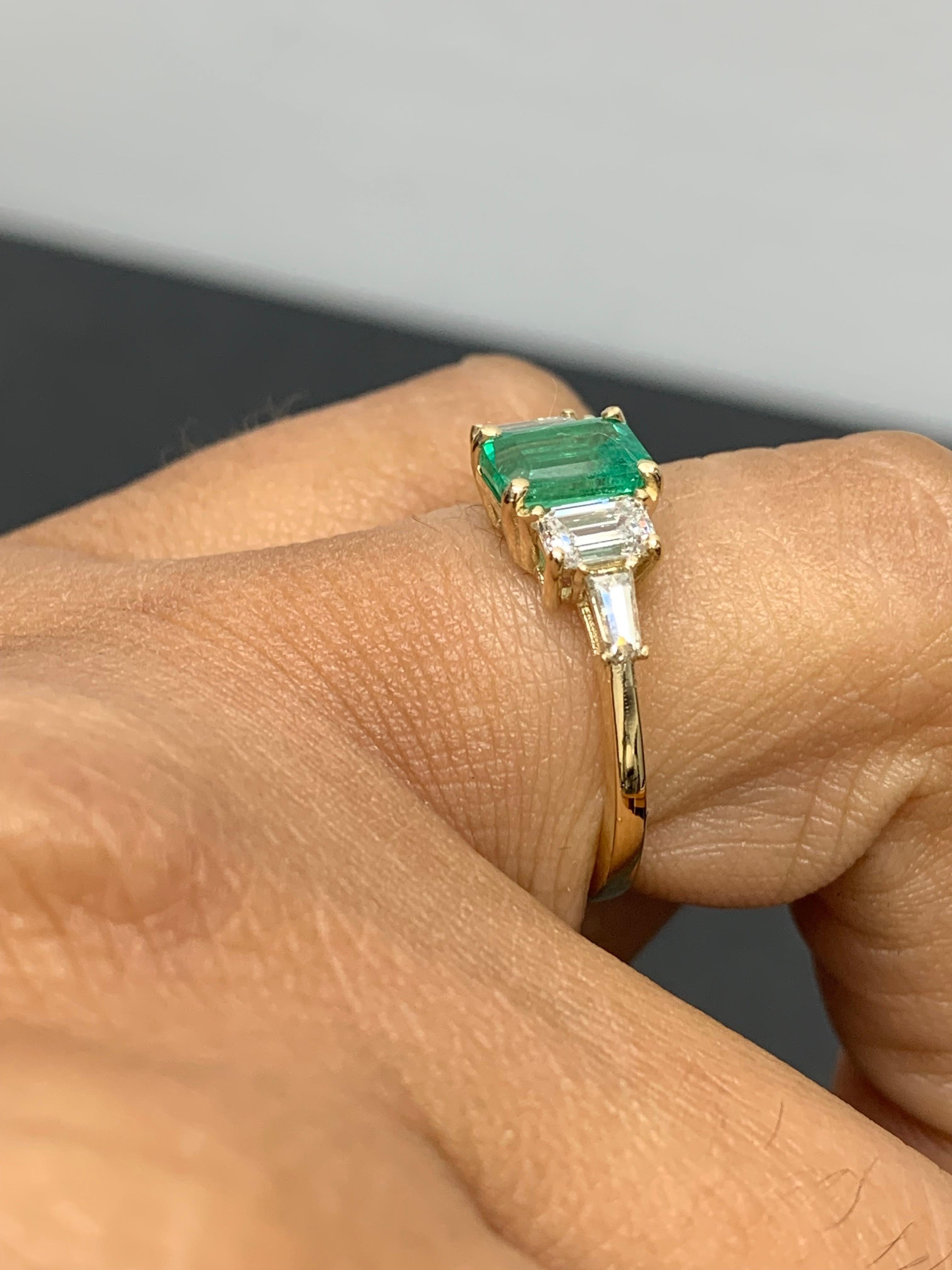 Women's 0.72 Carat Emerald Cut Emerald and Diamond 5 Stone Ring in 14K Yellow Gold For Sale