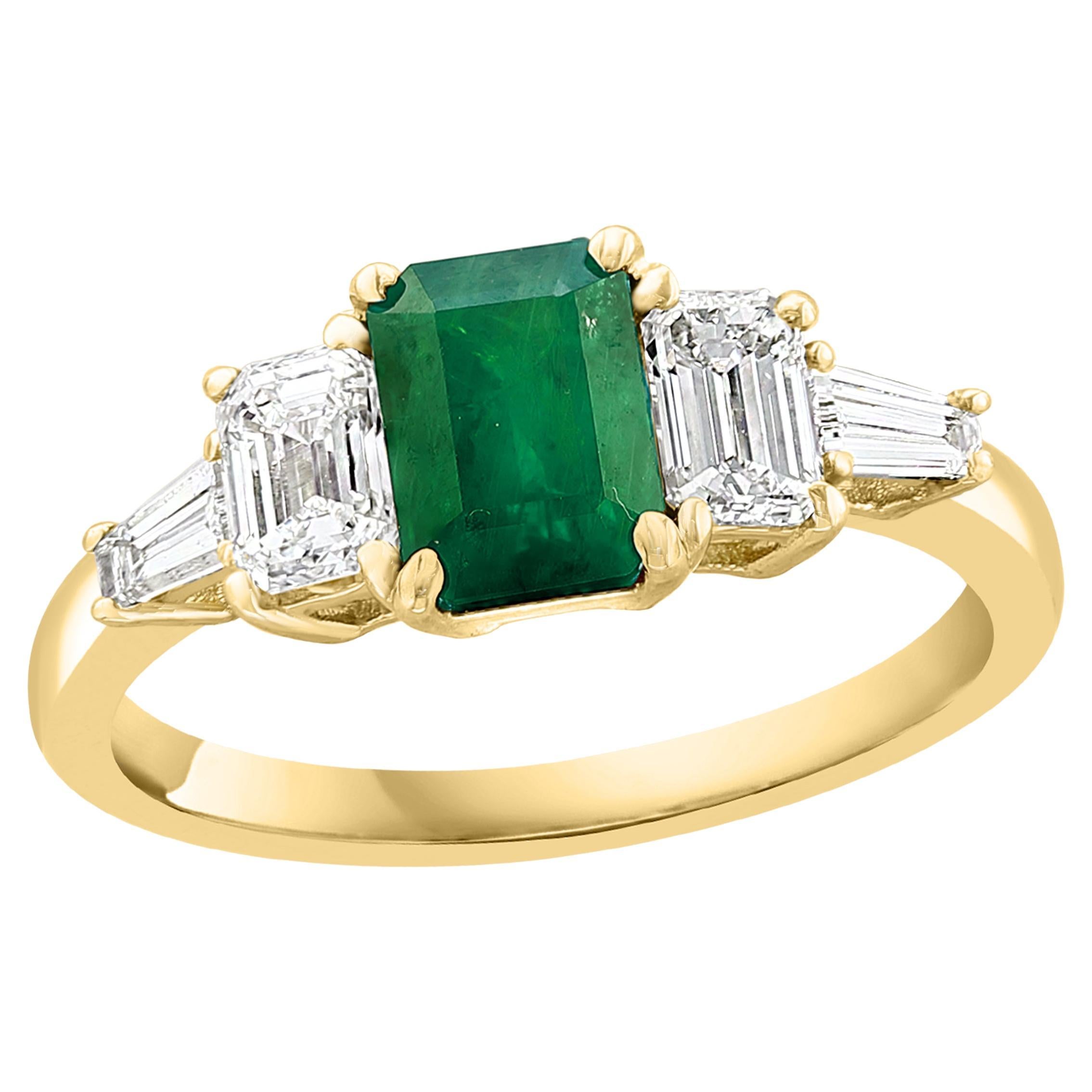 0.72 Carat Emerald Cut Emerald and Diamond 5 Stone Ring in 14K Yellow Gold For Sale