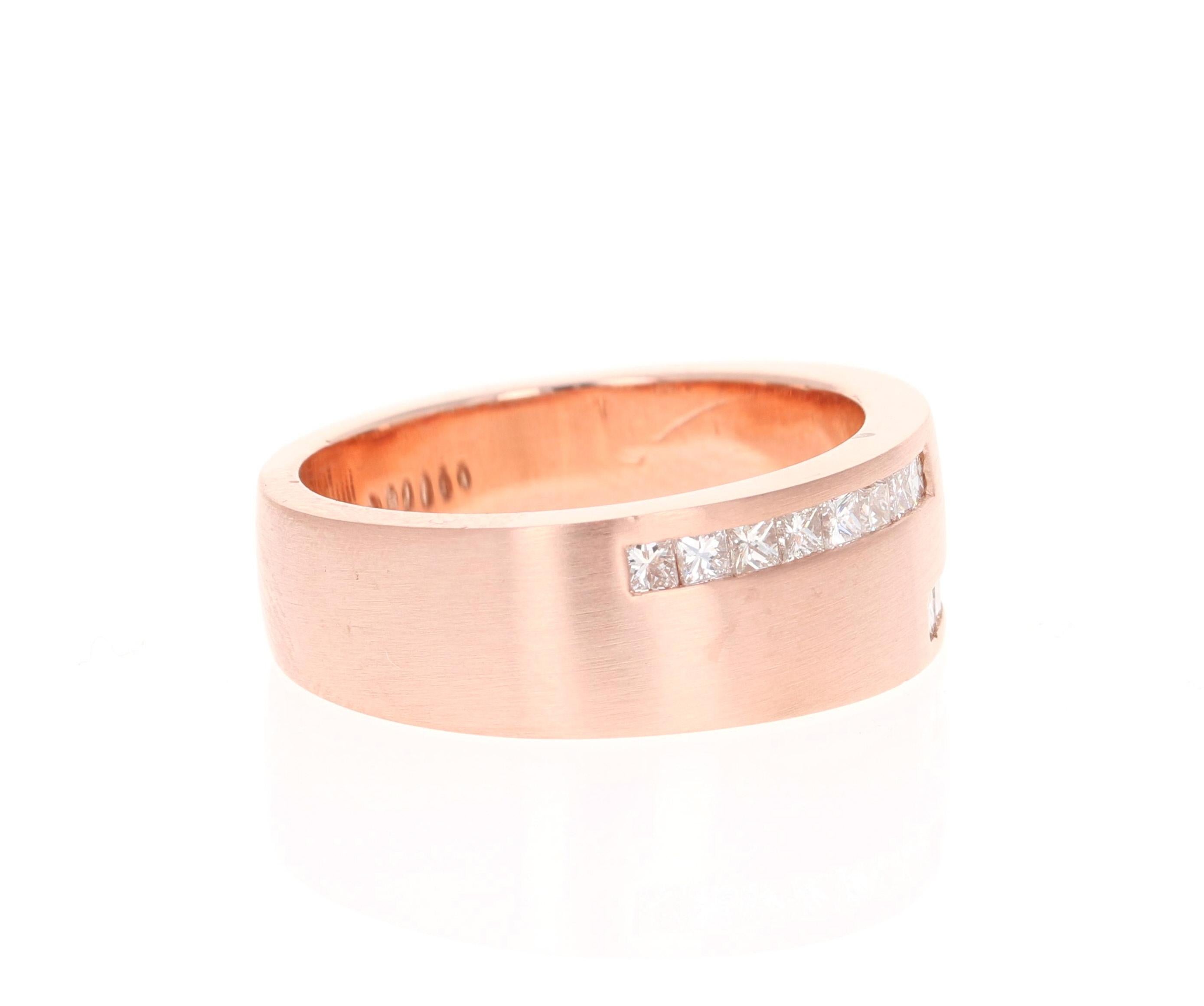 This ring is a magnificent and masculine Men's Diamond Band. It has 16 Princess Cut Diamonds weighing 0.72 Carats, Clarity: VS, Color: H. 

Curated in 14 Karat Rose Gold and weighs approximately 14.2 grams. 

The ring is a size 9.5 and can be