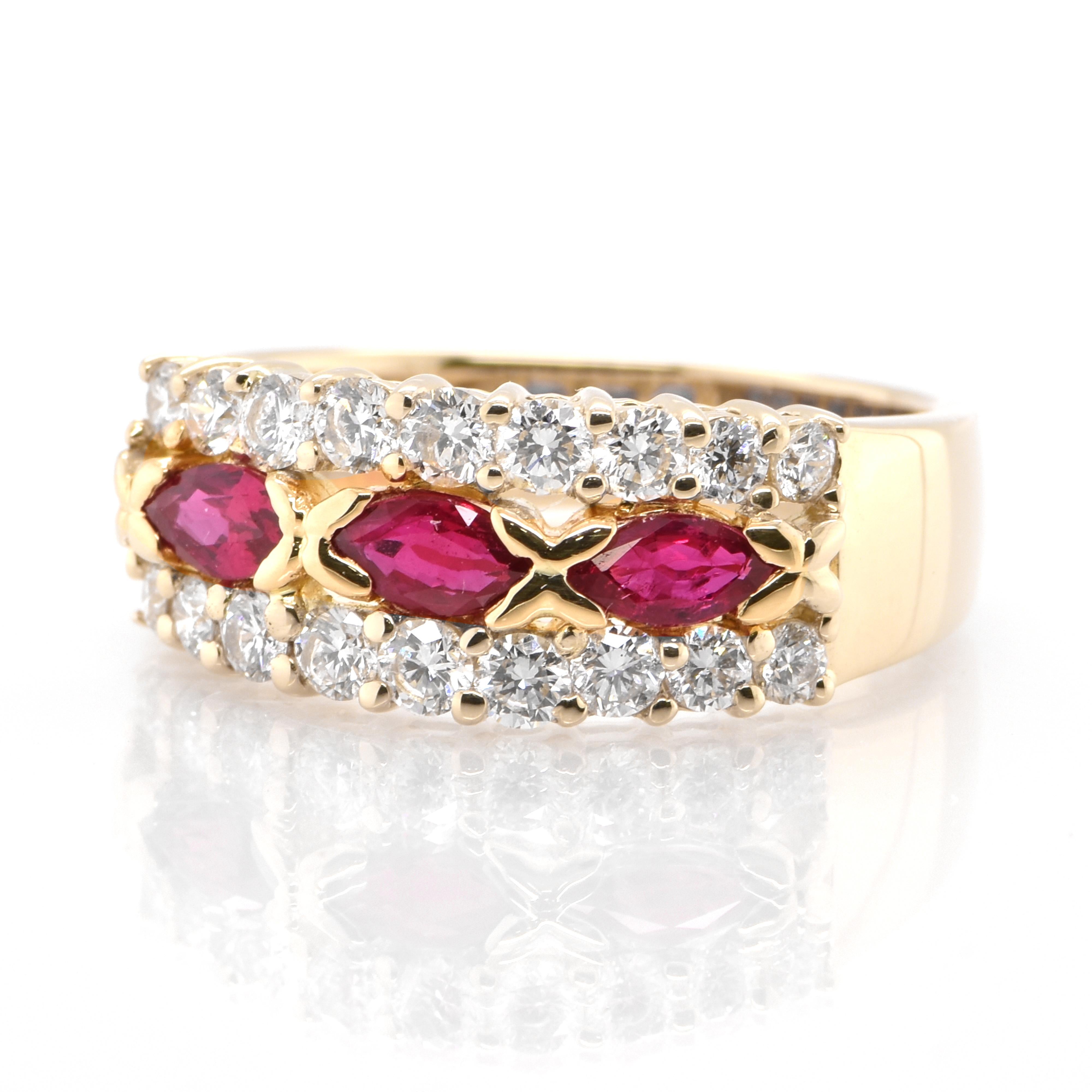 A stunning Half-Eternity Engagement Ring featuring a total of 0.72 Carats Natural Ruby and 0.70 Carats of Diamond accents set in 18 Karat Yellow Gold. Rubies are referred to as 