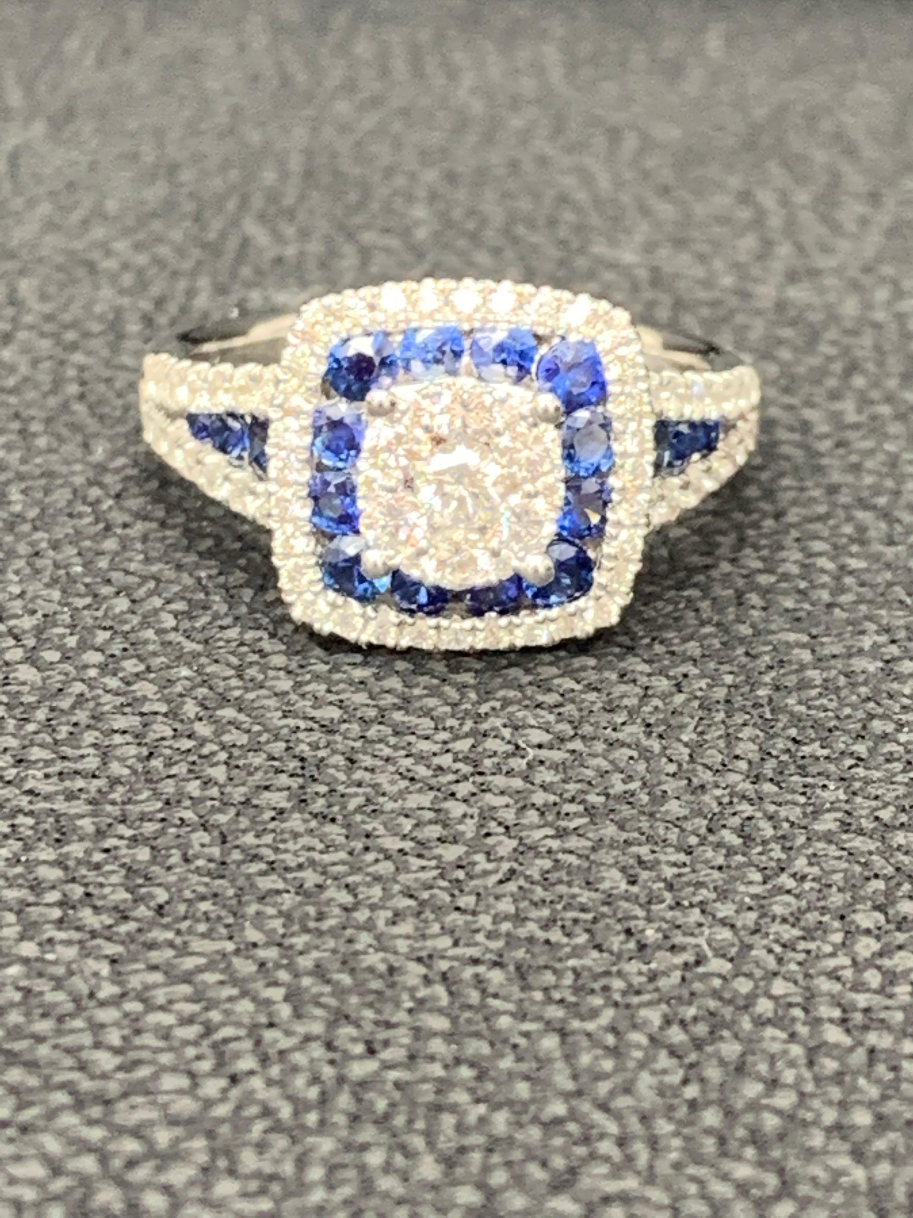 Modern 0.72 Carat of Blue Sapphire and Diamond Cocktail Ring in 18K White Gold For Sale