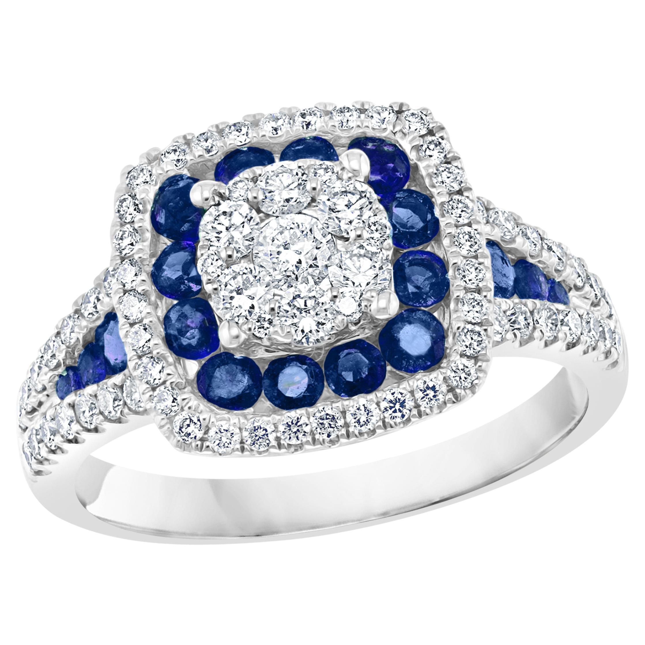 0.72 Carat of Blue Sapphire and Diamond Cocktail Ring in 18K White Gold For Sale
