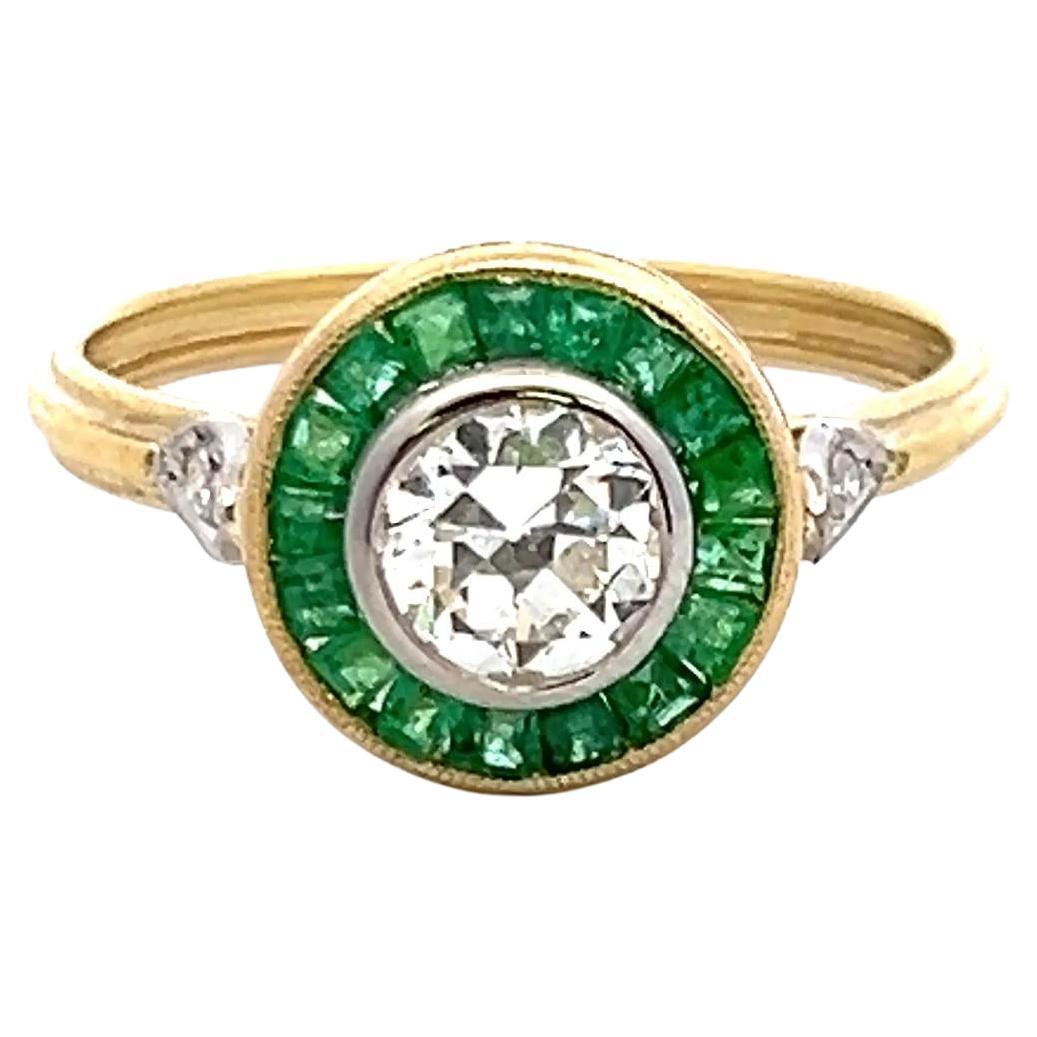 0.72 Carat Old European Cut Diamond 0.30 Carat Emerald 18K Yellow Gold Ring