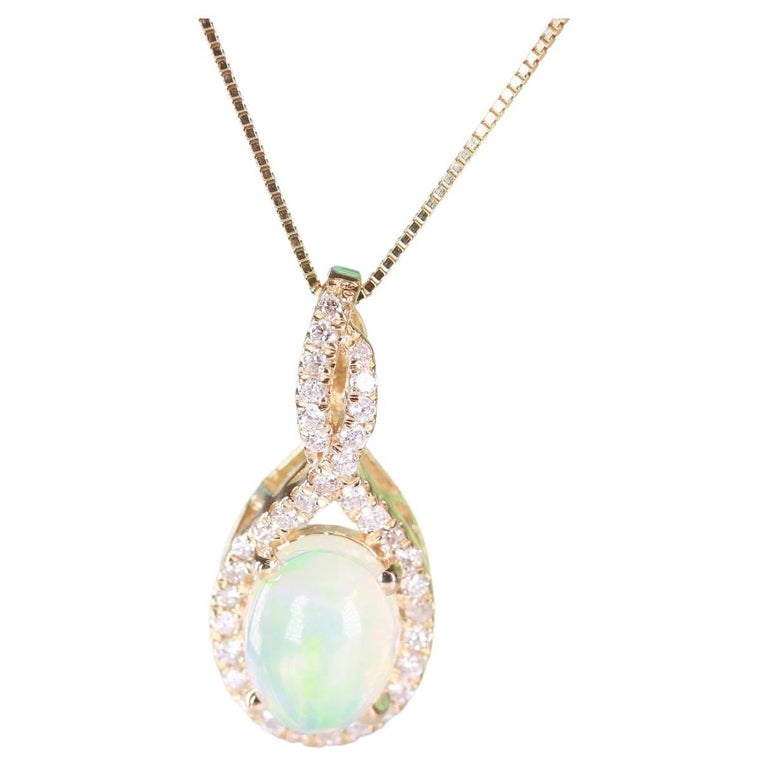 0.72 Carat Opal Oval Cab and Diamond 10K Yellow Gold Classic Pendant at ...
