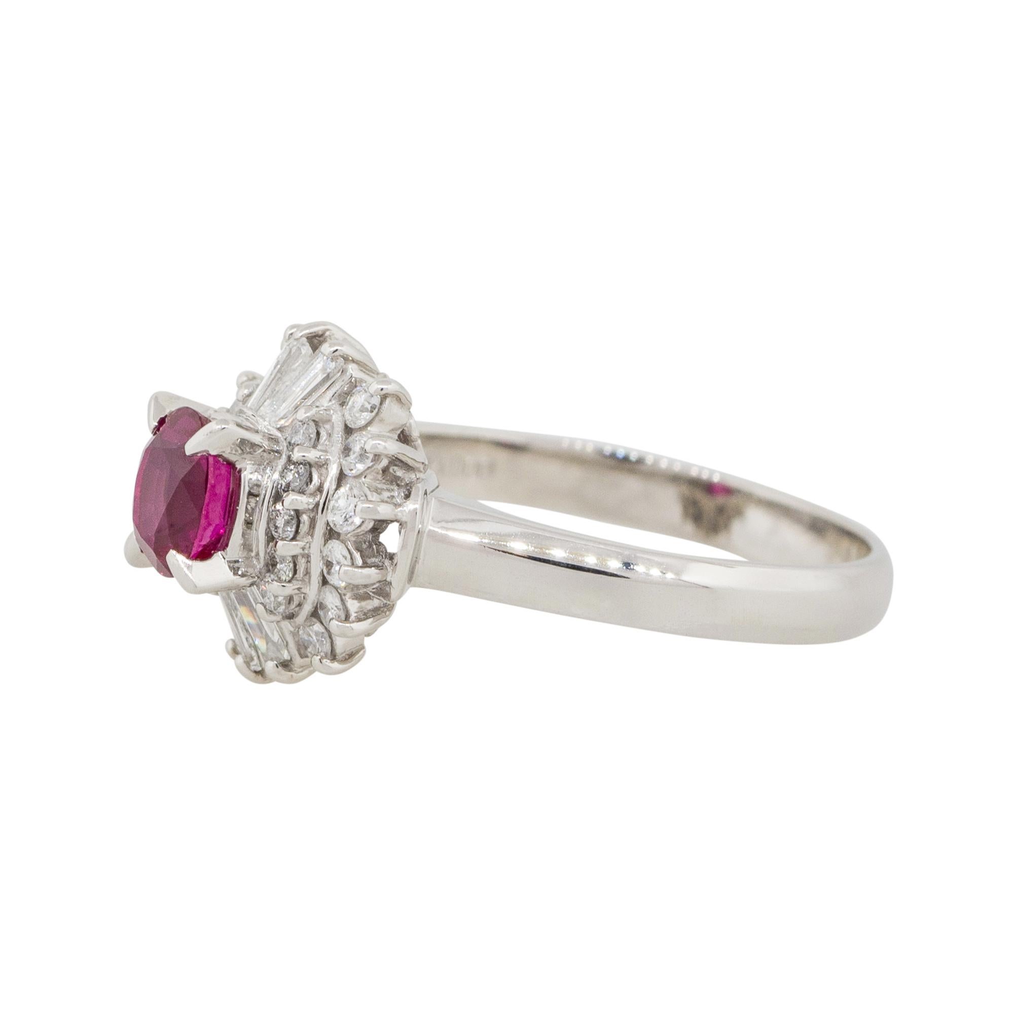 Material: Platinum
Gemstone details: Approx. 0.72ctw oval shaped Ruby center gemstone
Diamond details: Approx. 0.41ctw of round and baguette cut Diamonds. Diamonds are G/H in color and VS in clarity
Ring Size: 6.25   
Ring Measurements: 0.75