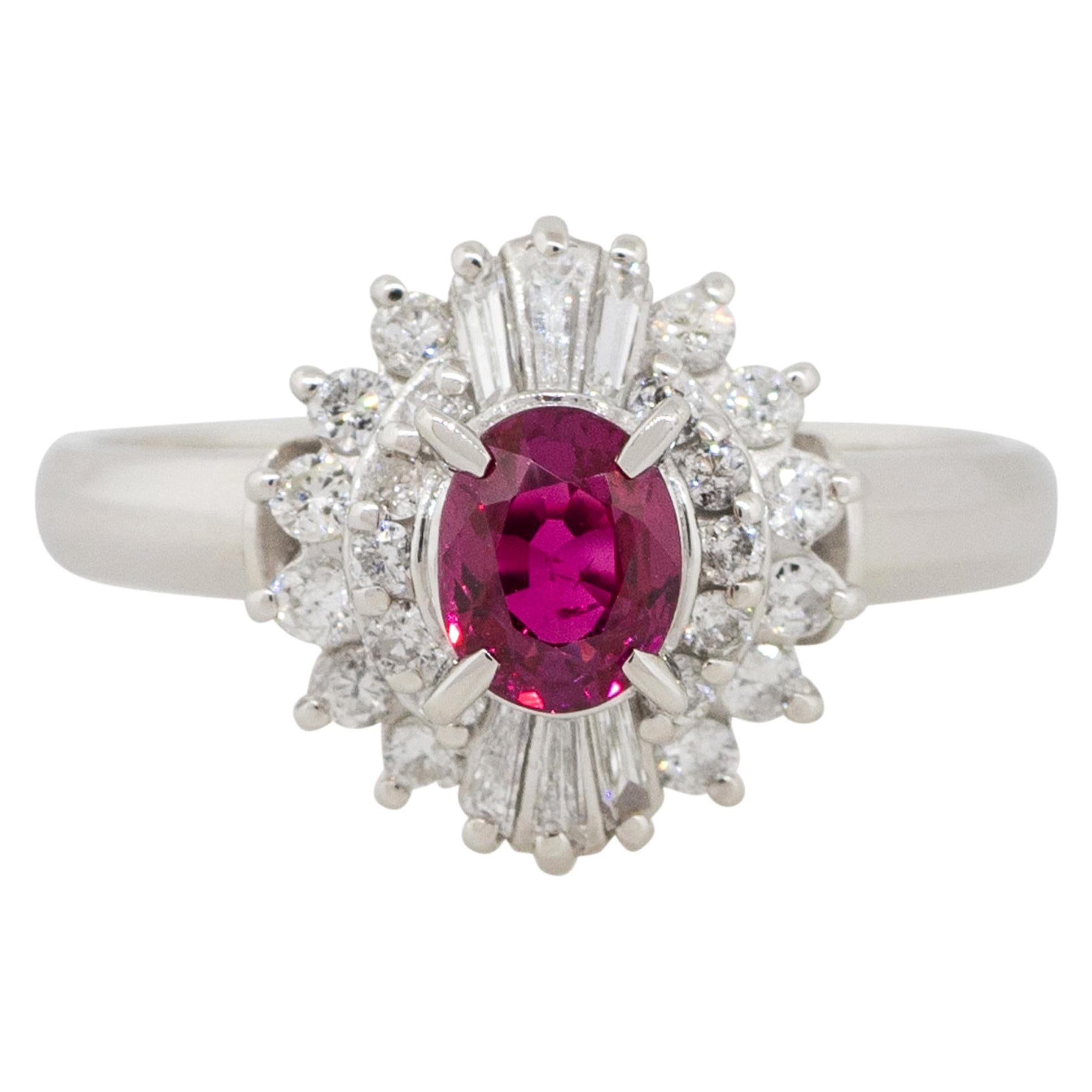 0.72 Carat Oval Ruby Center Diamond Cocktail Ring Platinum in Stock