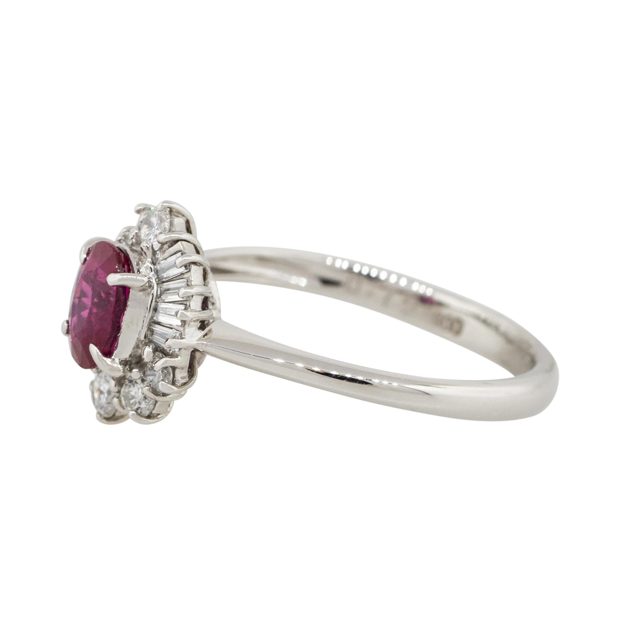 Material: Platinum
Gemstone details: Approx. 0.72ctw oval shaped Ruby center gemstone
Diamond details: Approx. 0.26ctw of round and baguette cut Diamonds. Diamonds are G/H in color and VS in clarity
Ring Size: 6   
Ring Measurements: 0.75