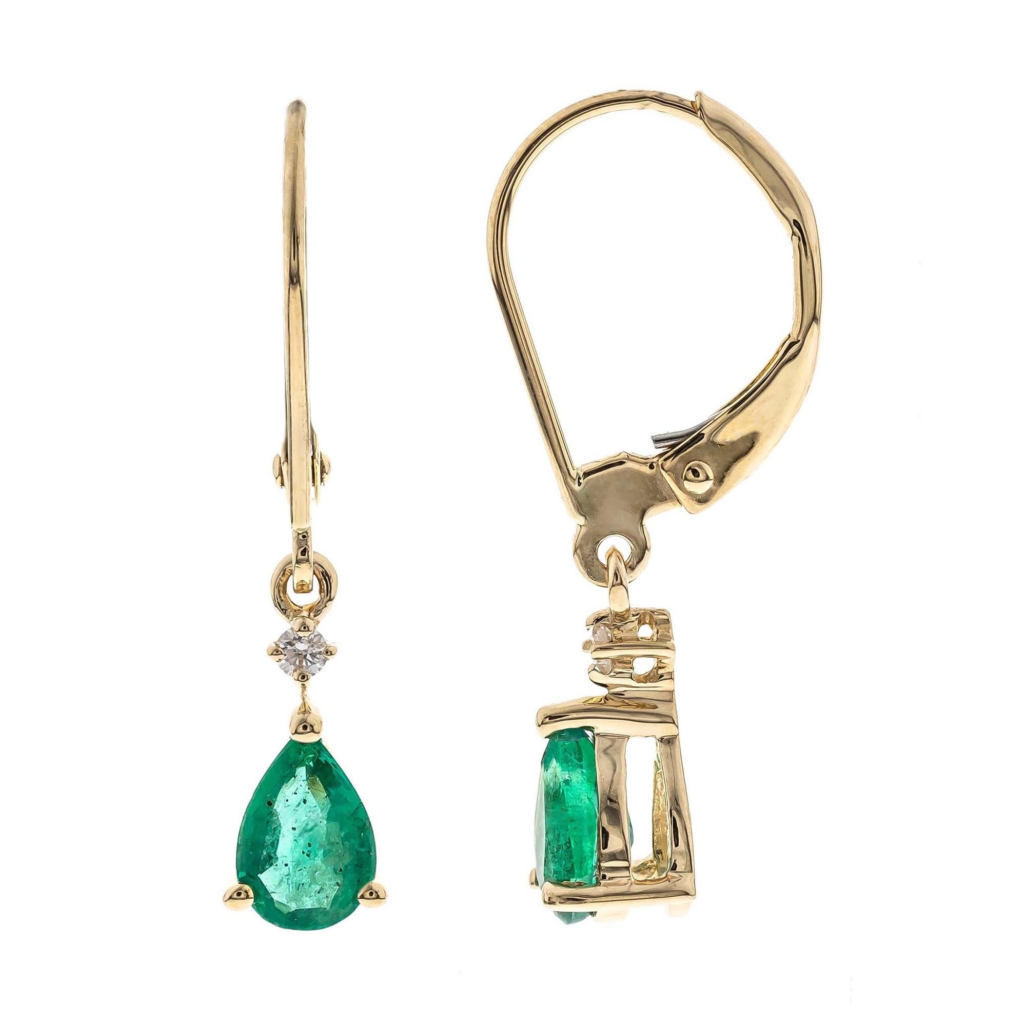 Decorate yourself in elegance with this Earring is crafted from 14K Yellow Gold by Gin & Grace Earring. This Earring is made up of 4X6 Pear-Cut prong setting Emerald (2 pcs) 0.72 Carat and Round-Cut prong setting Diamond (2 pcs) 0.03 Carat. This