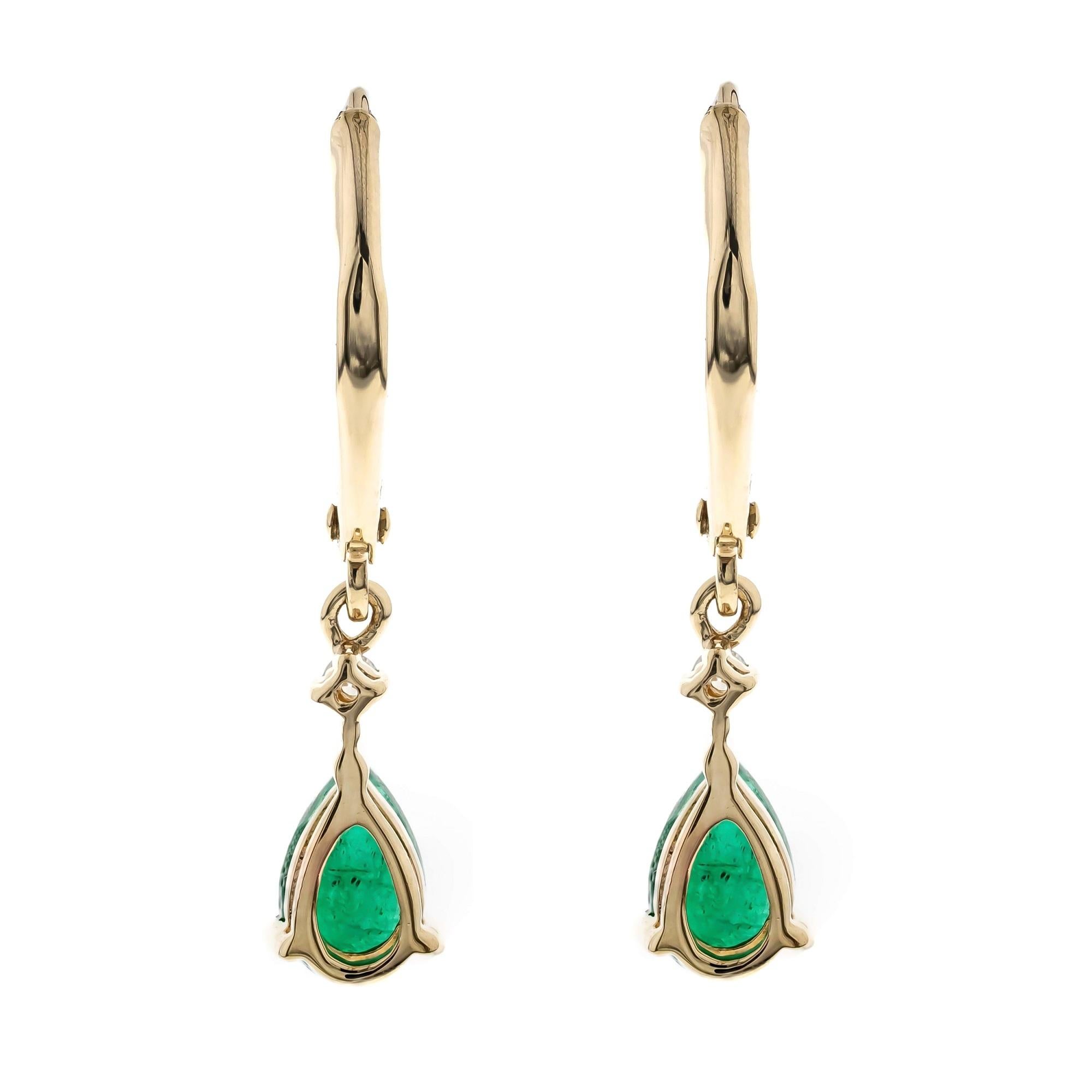 Art Deco 0.72 Carat Pear Cut Emerald Diamond Accents 14K Yellow Gold Earring