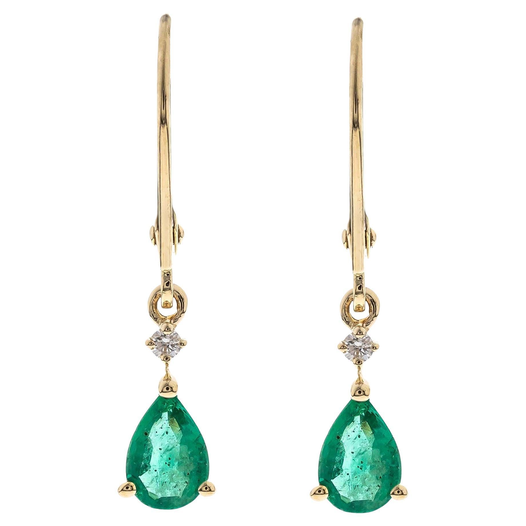 0.72 Carat Pear Cut Emerald Diamond Accents 14K Yellow Gold Earring For Sale