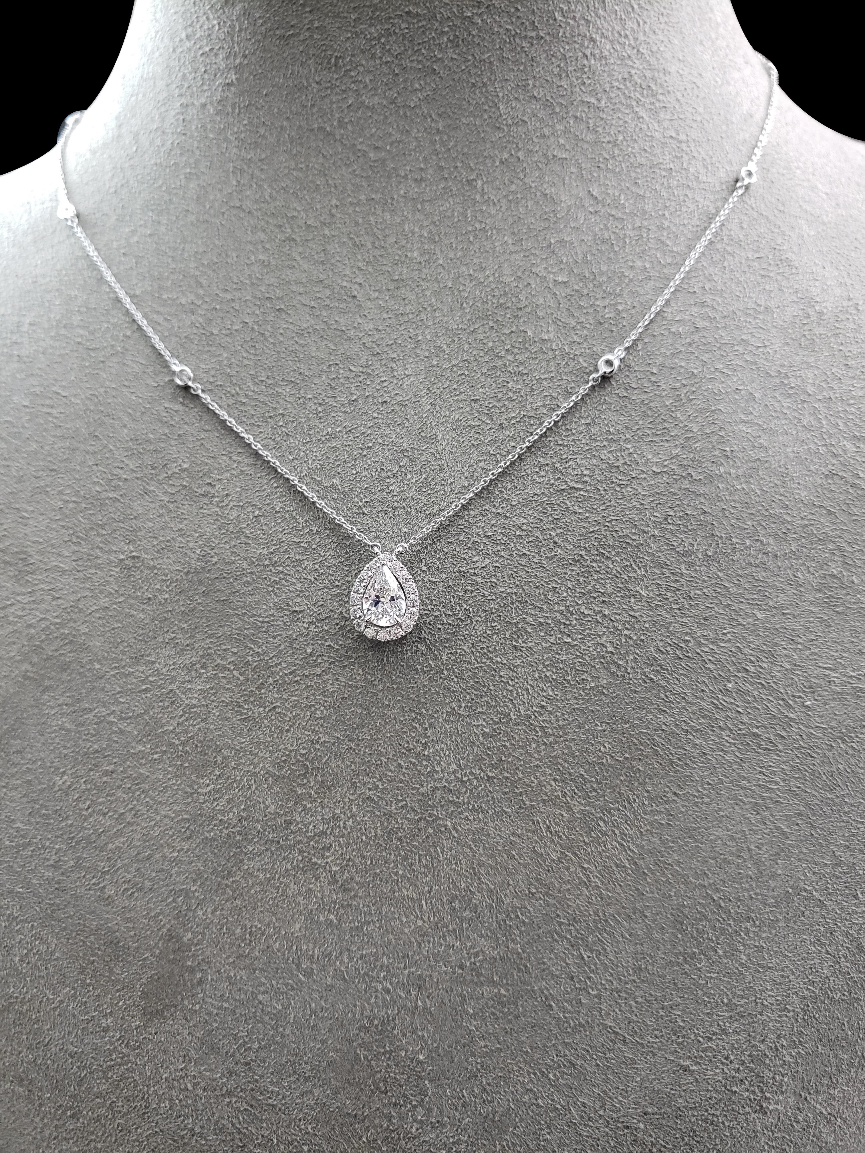 Contemporary 0.72 Carat Pear Shape Diamond Halo Pendant Necklace